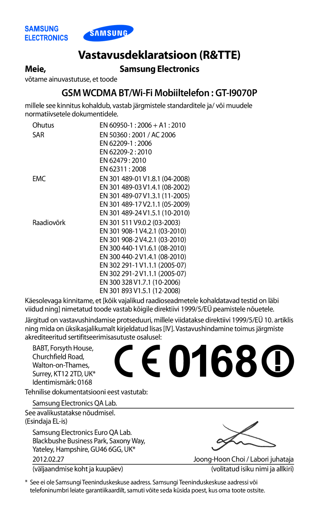 Samsung GT-I9070HKNSEB manual Vastavusdeklaratsioon R&TTE 