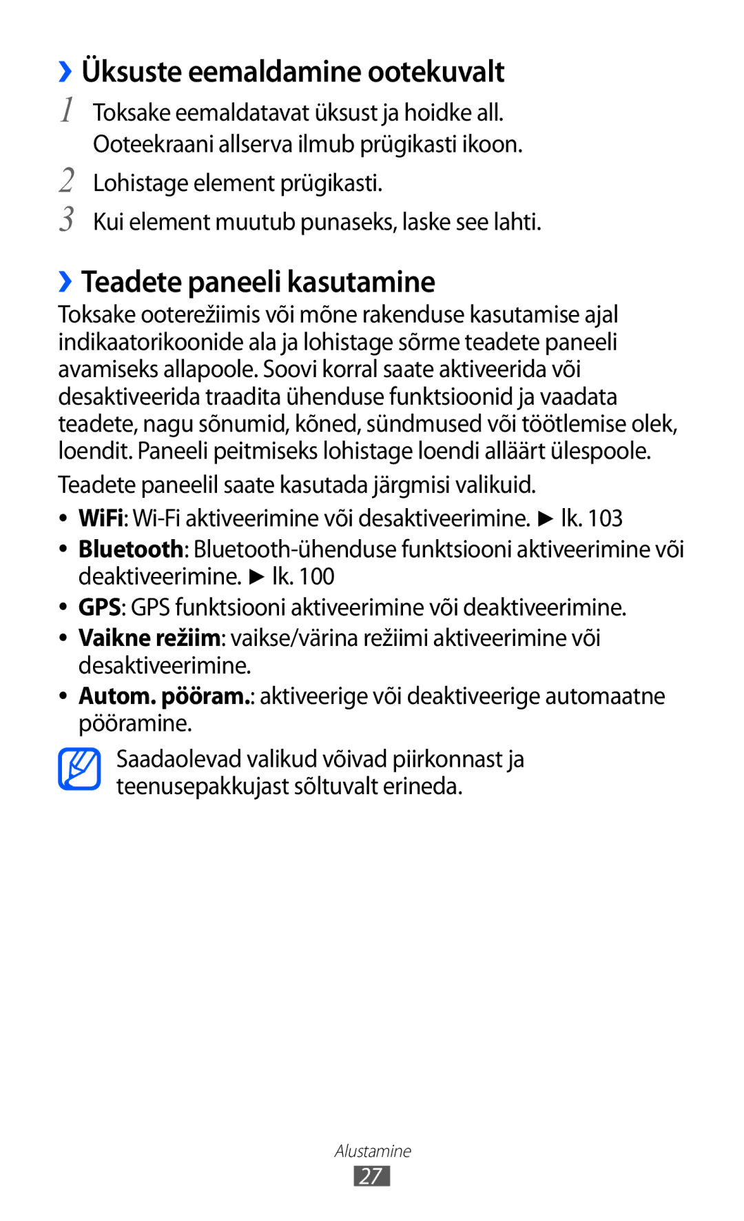 Samsung GT-I9070HKNSEB manual ››Üksuste eemaldamine ootekuvalt, ››Teadete paneeli kasutamine 