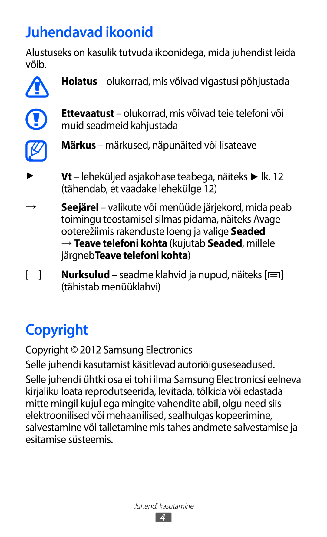 Samsung GT-I9070HKNSEB manual Juhendavad ikoonid, Copyright, Tähistab menüüklahvi 