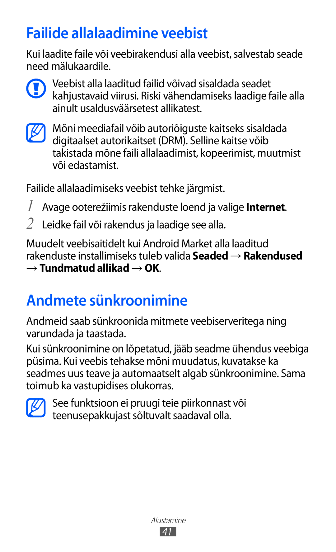 Samsung GT-I9070HKNSEB manual Failide allalaadimine veebist, Andmete sünkroonimine, → Tundmatud allikad → OK 