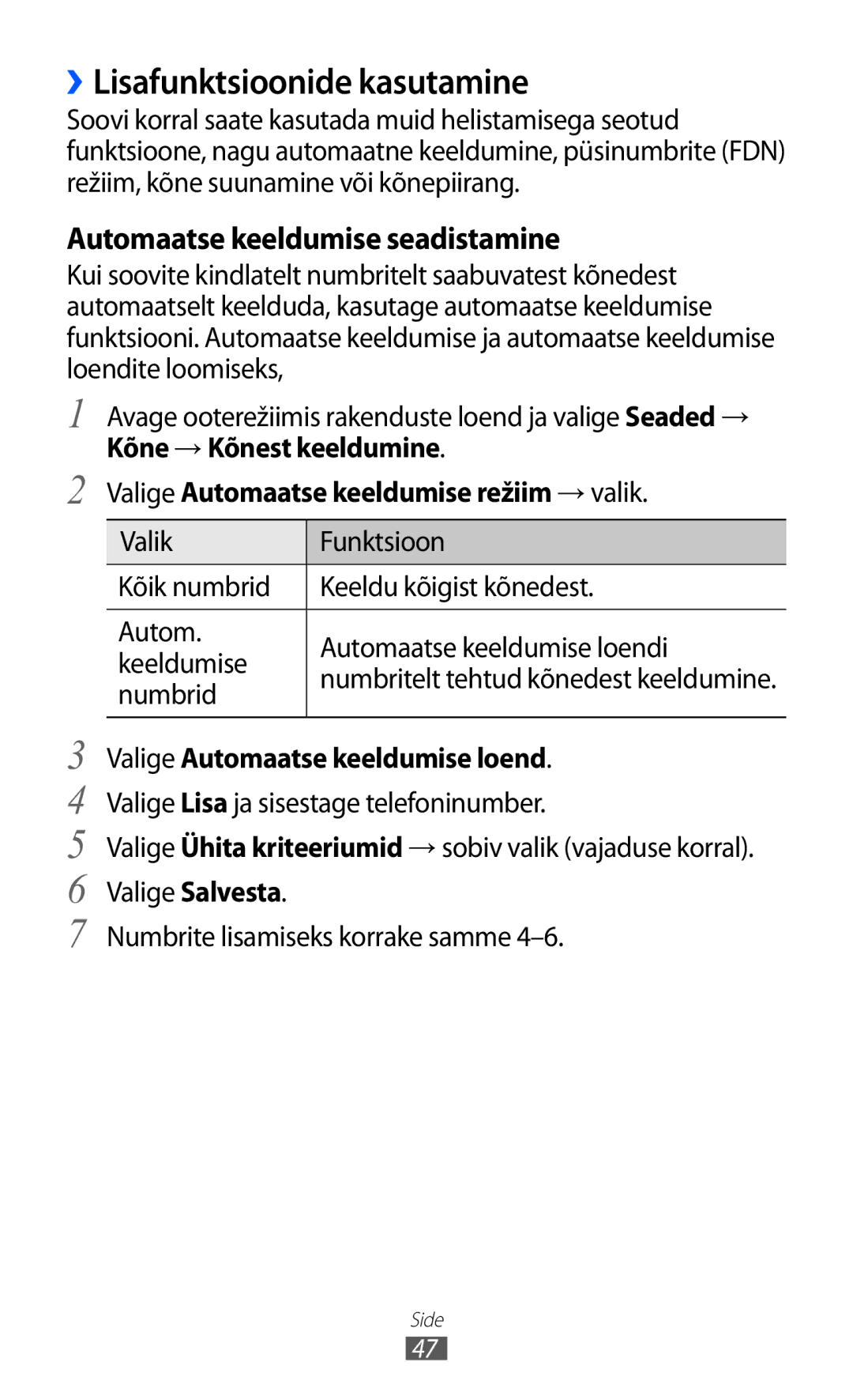 Samsung GT-I9070HKNSEB manual ››Lisafunktsioonide kasutamine, Numbrid, Valige Automaatse keeldumise loend 