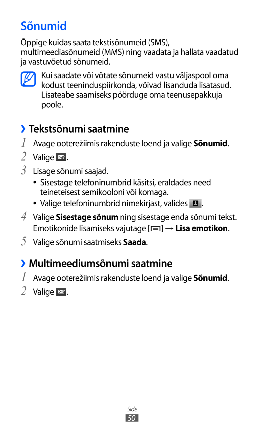 Samsung GT-I9070HKNSEB manual Sõnumid, Tekstsõnumi saatmine, Multimeediumsõnumi saatmine 