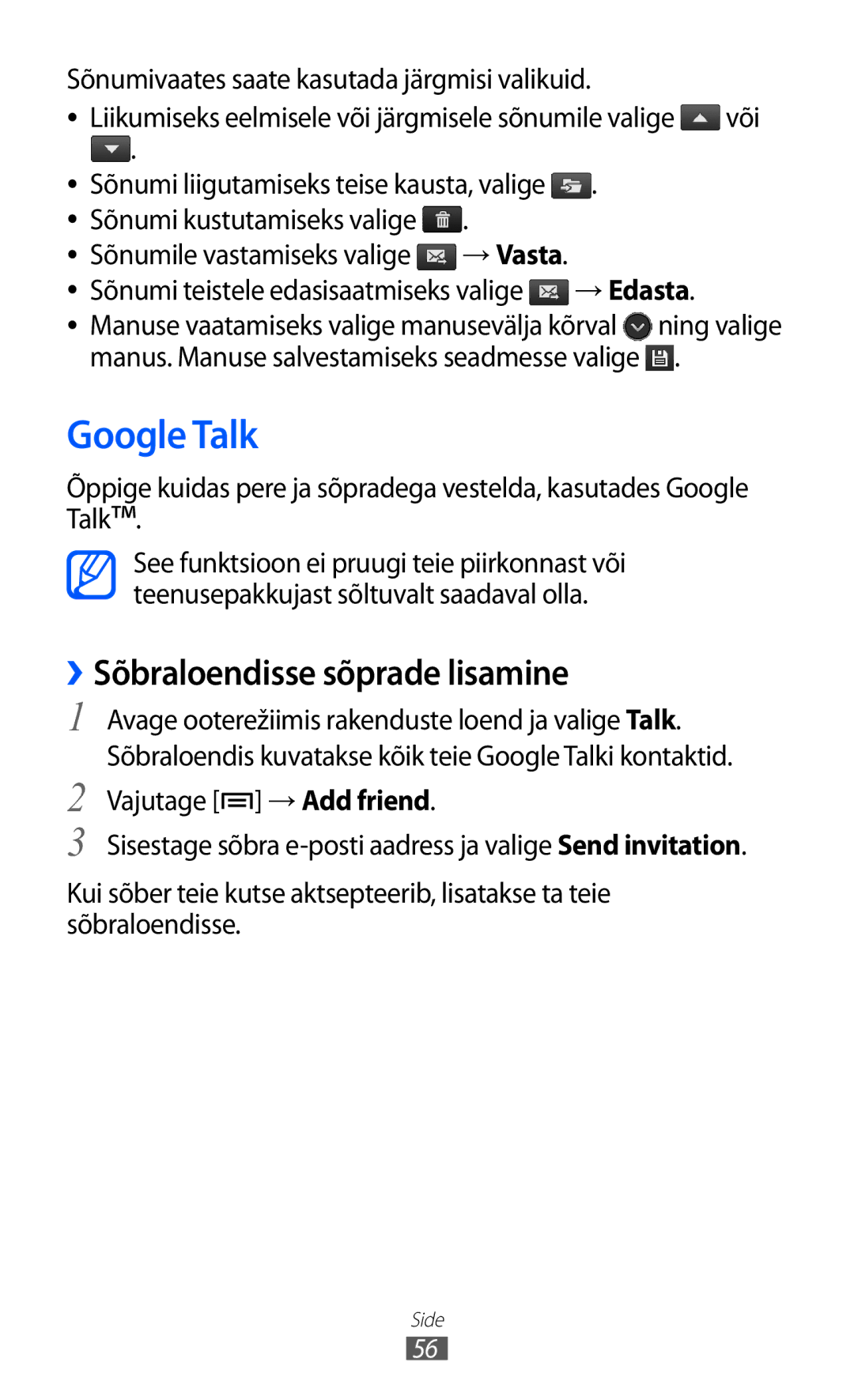 Samsung GT-I9070HKNSEB manual Google Talk, ››Sõbraloendisse sõprade lisamine 