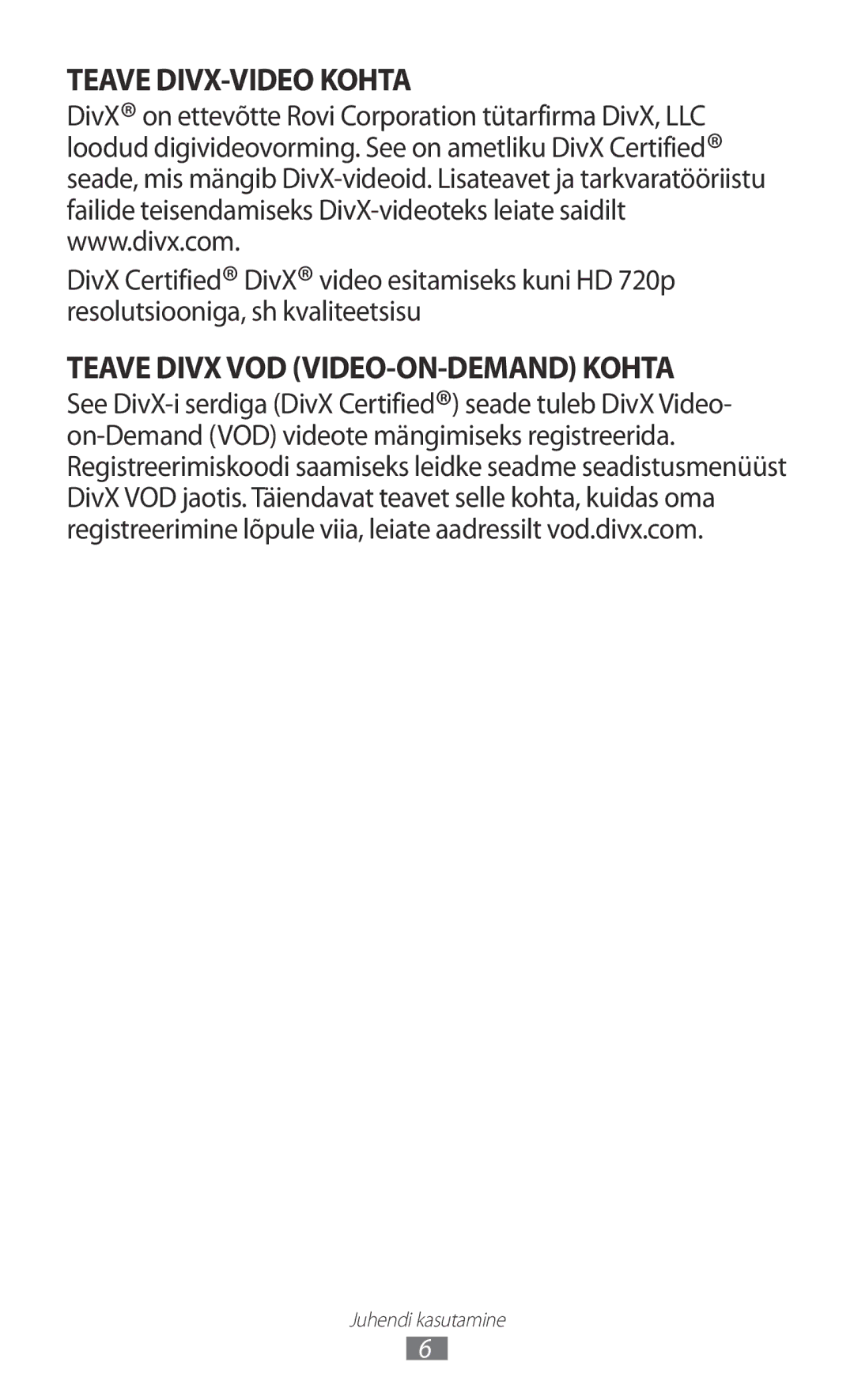 Samsung GT-I9070HKNSEB manual Teave DIVX-VIDEO Kohta 