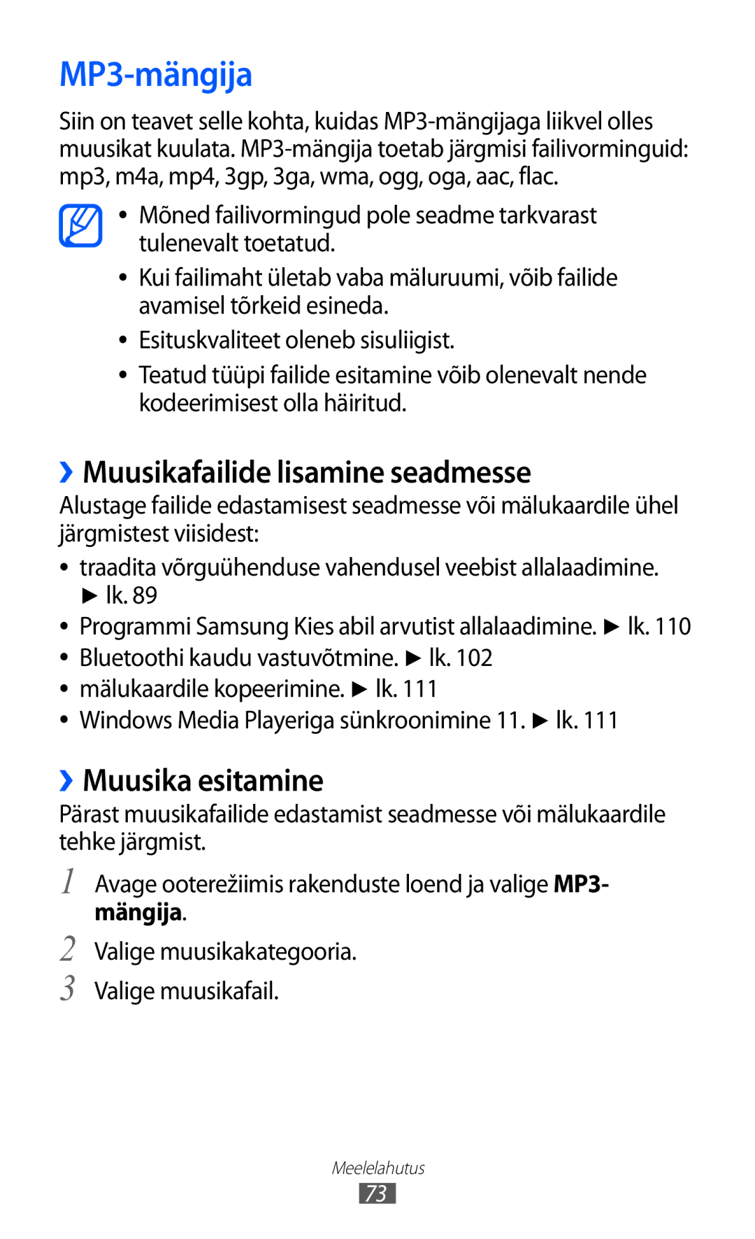 Samsung GT-I9070HKNSEB manual MP3-mängija, ››Muusikafailide lisamine seadmesse, ››Muusika esitamine, Mängija 