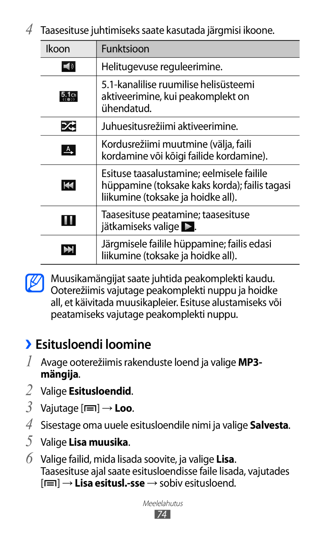 Samsung GT-I9070HKNSEB manual ››Esitusloendi loomine, Mängija Valige Esitusloendid, Vajutage → Loo, Valige Lisa muusika 