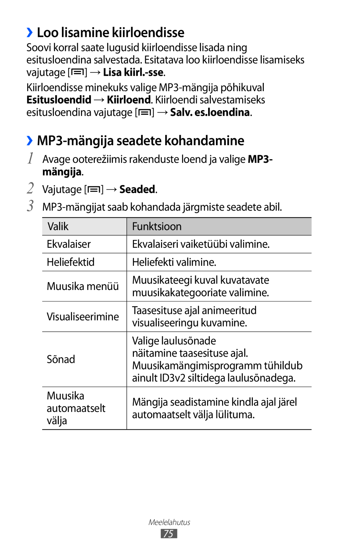 Samsung GT-I9070HKNSEB manual ››Loo lisamine kiirloendisse, ››MP3-mängija seadete kohandamine 