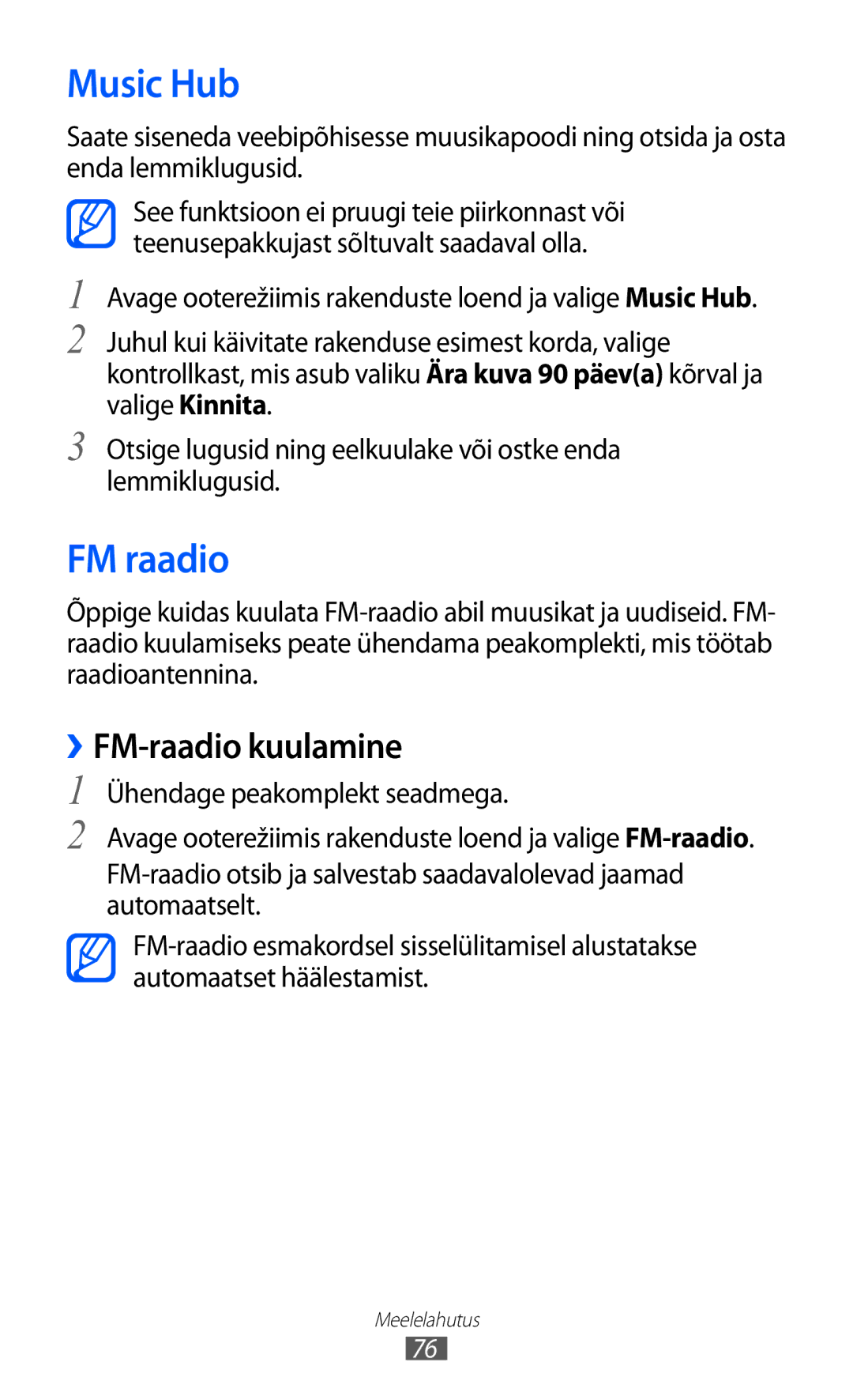 Samsung GT-I9070HKNSEB manual Music Hub, FM raadio, ››FM-raadio kuulamine 