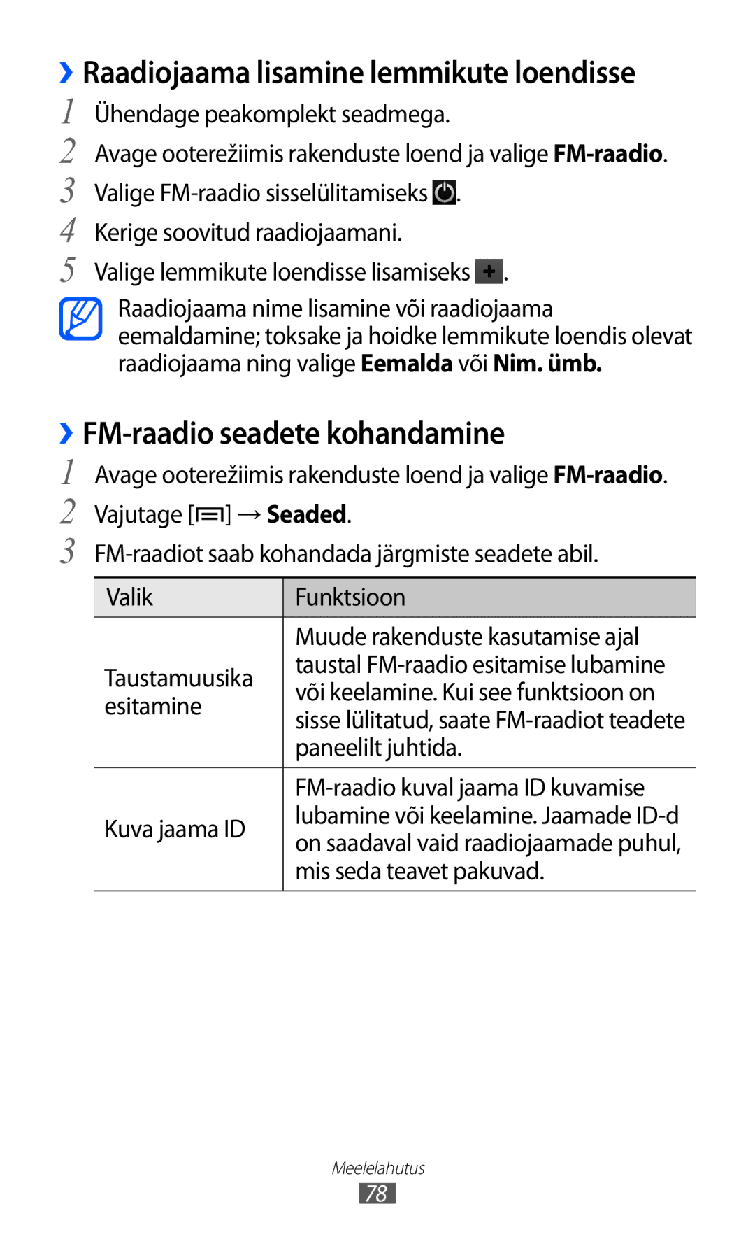 Samsung GT-I9070HKNSEB manual ››FM-raadio seadete kohandamine, → Seaded 