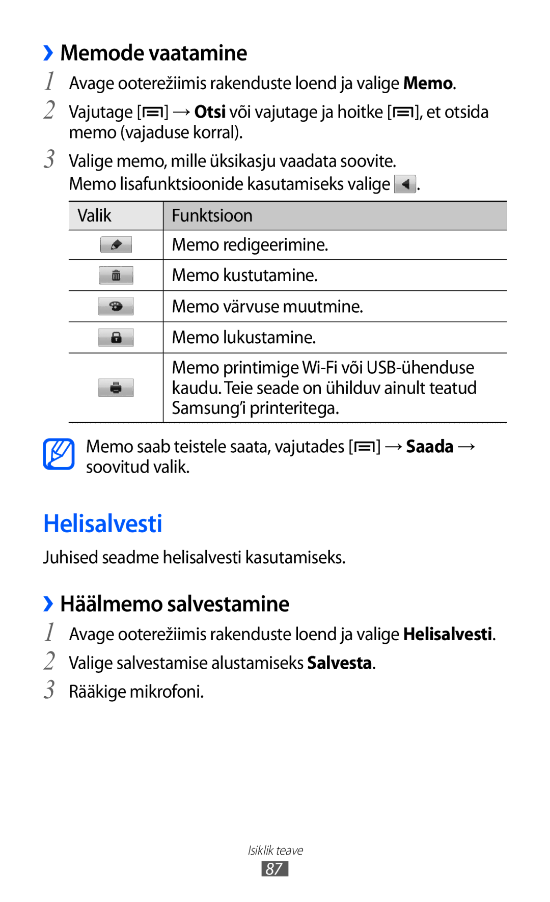 Samsung GT-I9070HKNSEB manual Helisalvesti, ››Memode vaatamine, ››Häälmemo salvestamine 