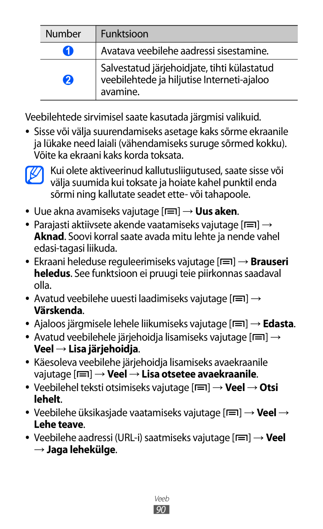 Samsung GT-I9070HKNSEB Number Funktsioon, Olla, Veebilehel teksti otsimiseks vajutage → Veel → Otsi lehelt, Lehe teave 