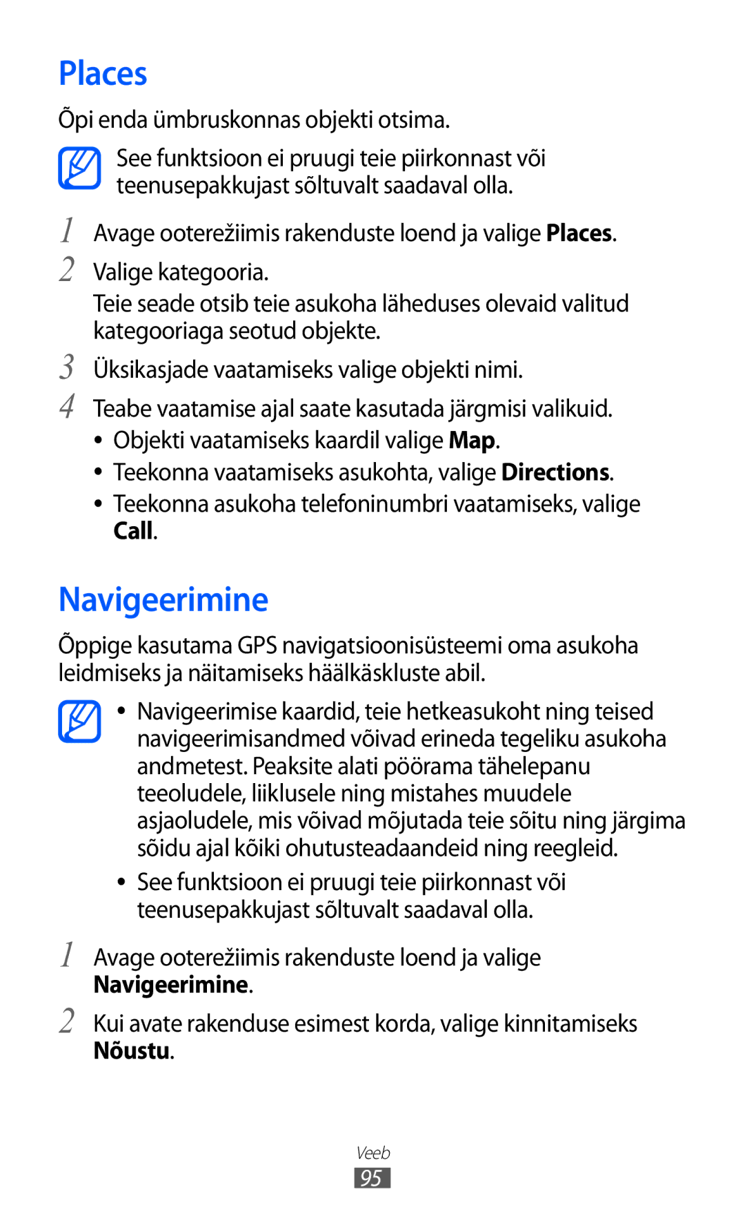 Samsung GT-I9070HKNSEB manual Places, Navigeerimine, Õpi enda ümbruskonnas objekti otsima, Nõustu 