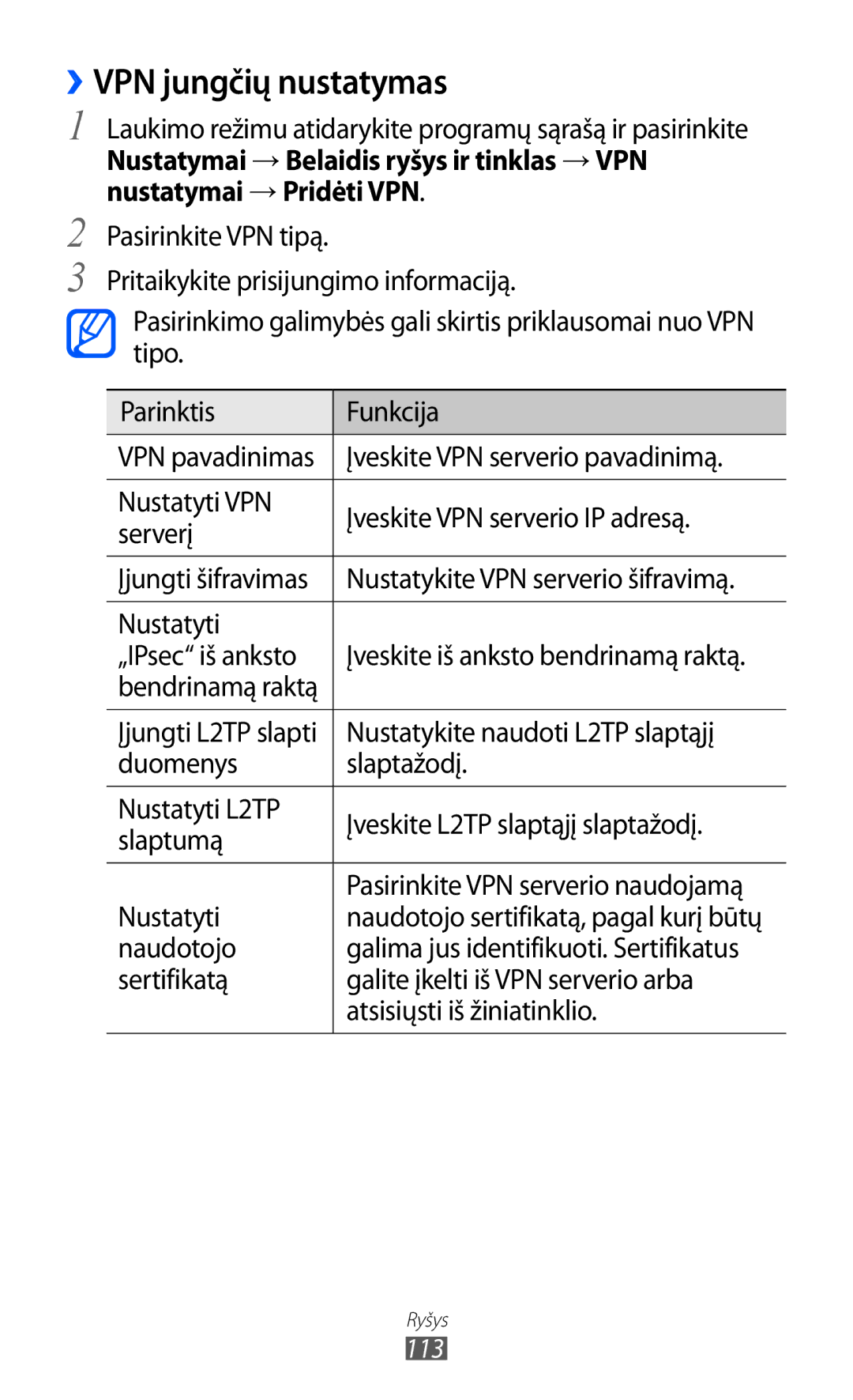 Samsung GT-I9070HKNSEB manual ››VPN jungčių nustatymas, Įveskite VPN serverio pavadinimą, Nustatyti, Naudotojo 