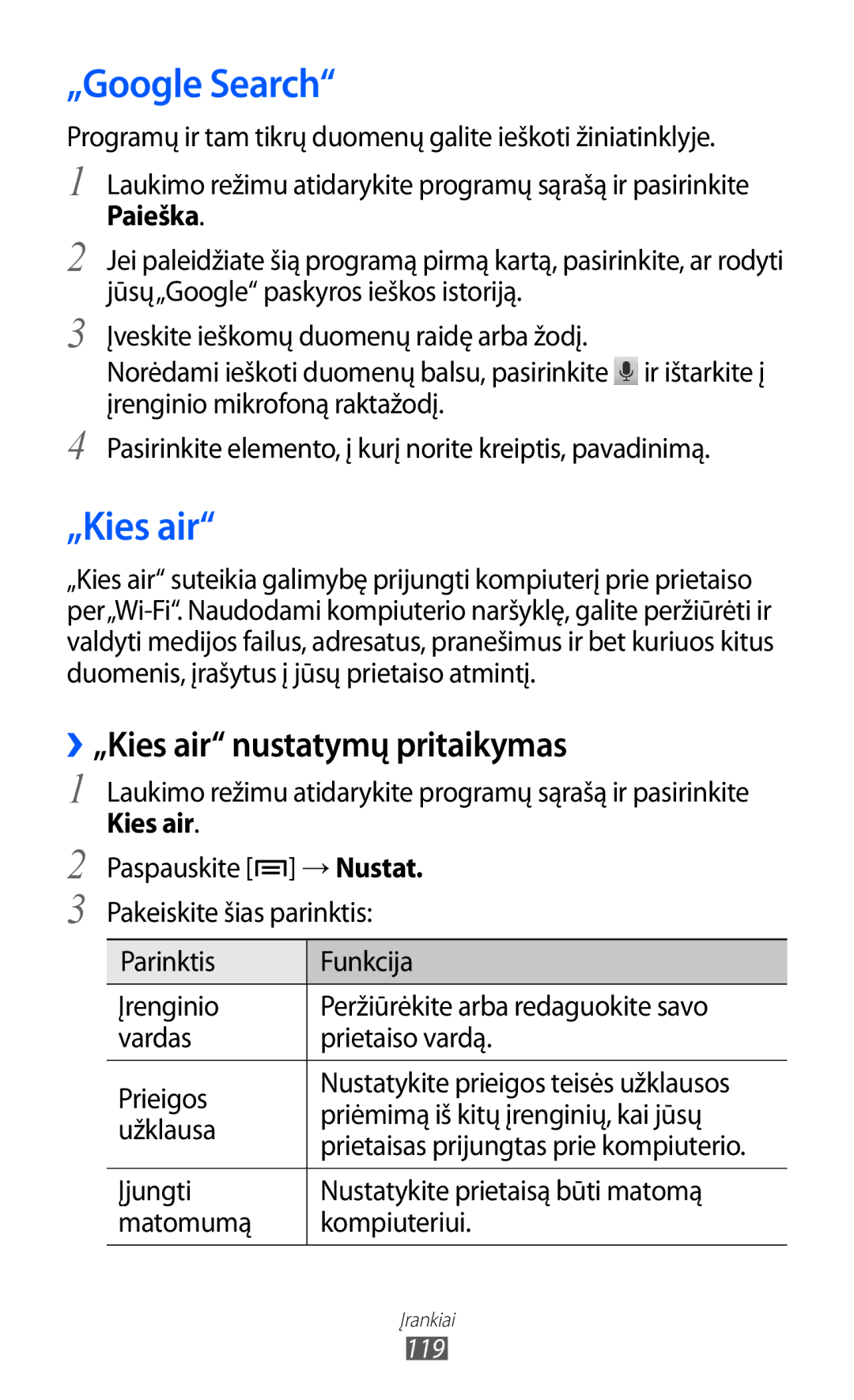 Samsung GT-I9070HKNSEB manual „Google Search, ››„Kies air nustatymų pritaikymas 