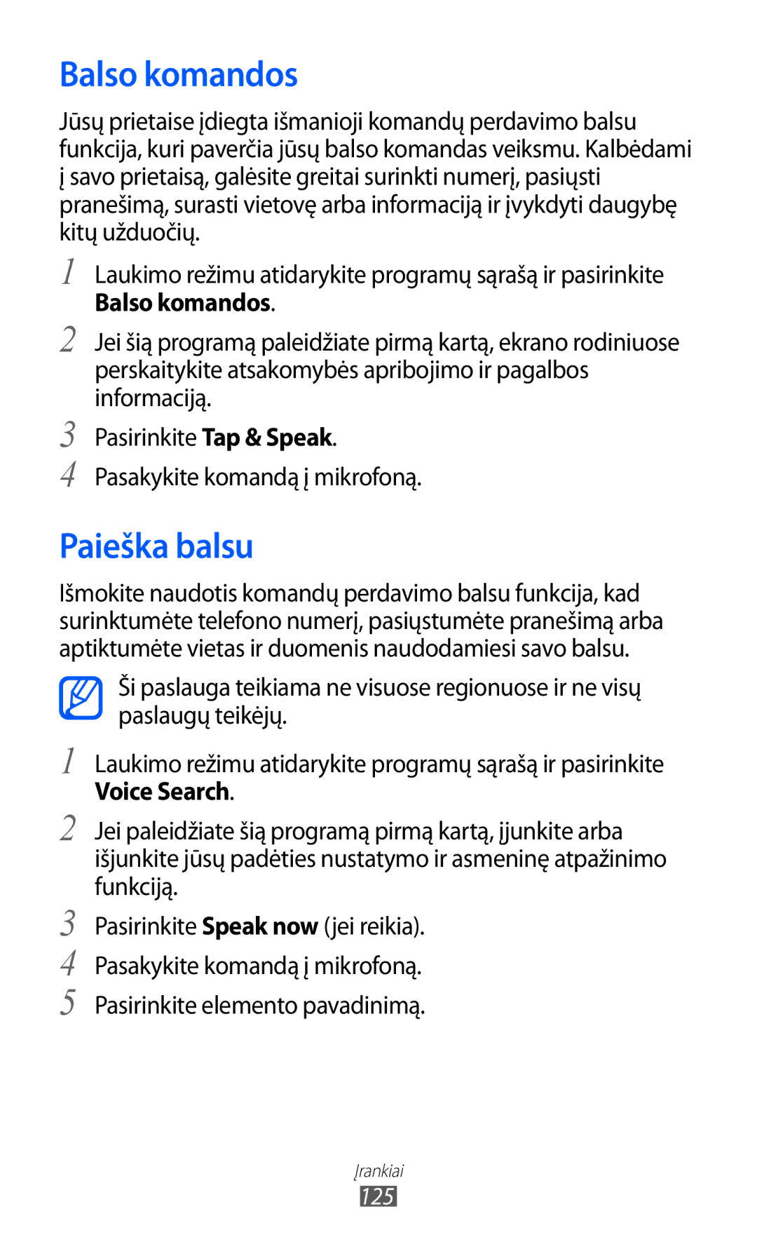 Samsung GT-I9070HKNSEB manual Balso komandos, Paieška balsu, Voice Search 