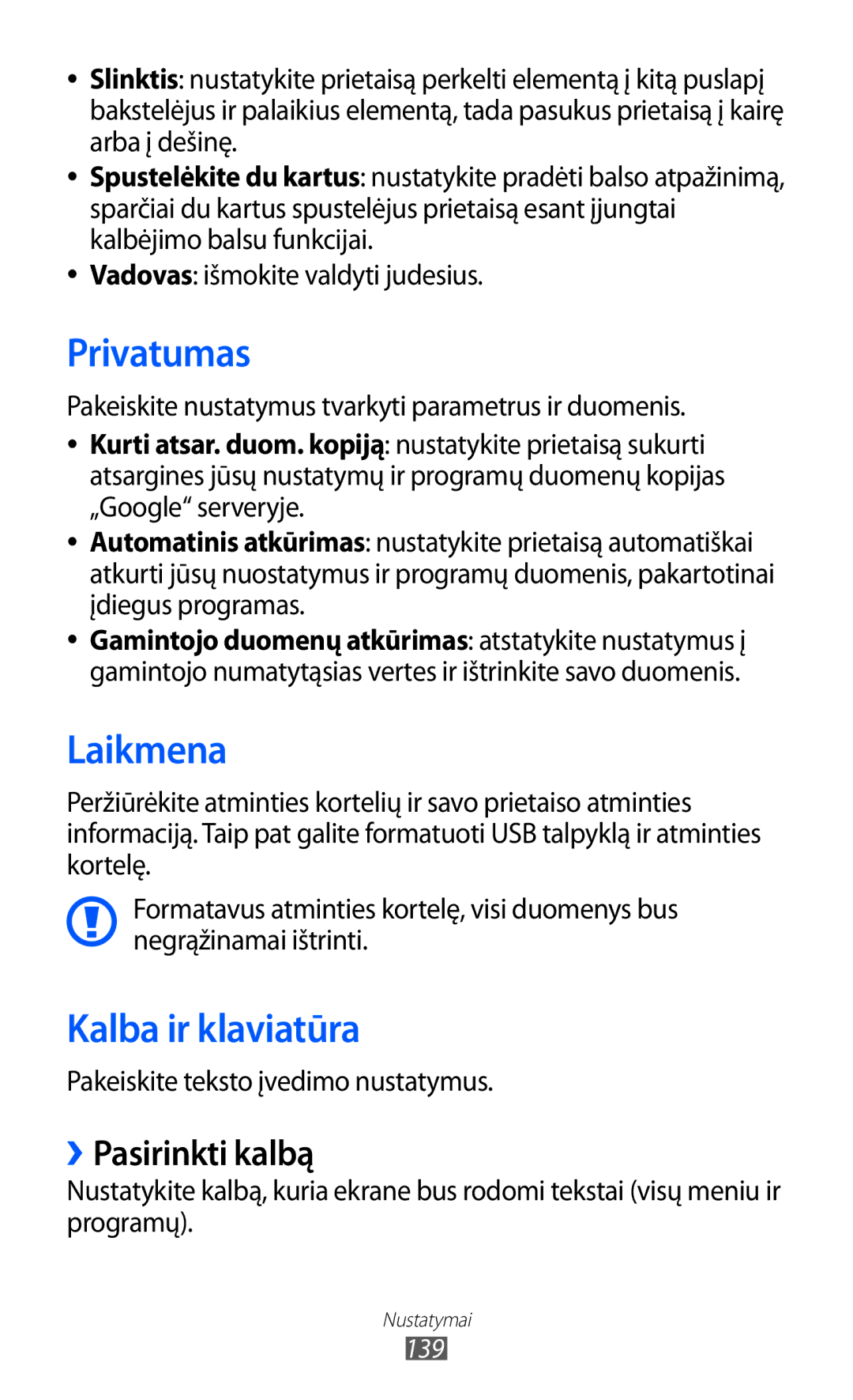 Samsung GT-I9070HKNSEB manual Privatumas, Laikmena, Kalba ir klaviatūra, ››Pasirinkti kalbą 