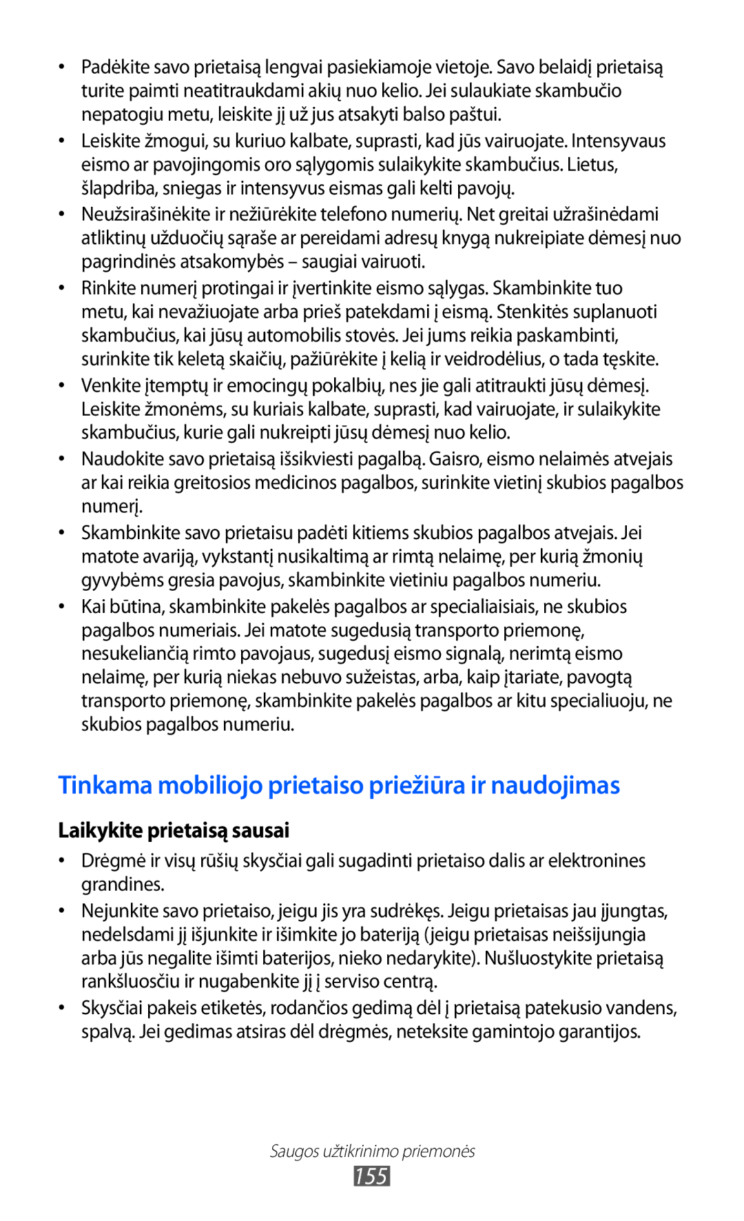 Samsung GT-I9070HKNSEB manual Tinkama mobiliojo prietaiso priežiūra ir naudojimas 