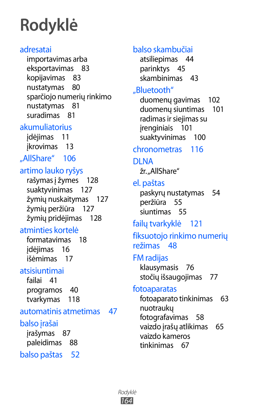 Samsung GT-I9070HKNSEB manual Rodyklė, Adresatai 