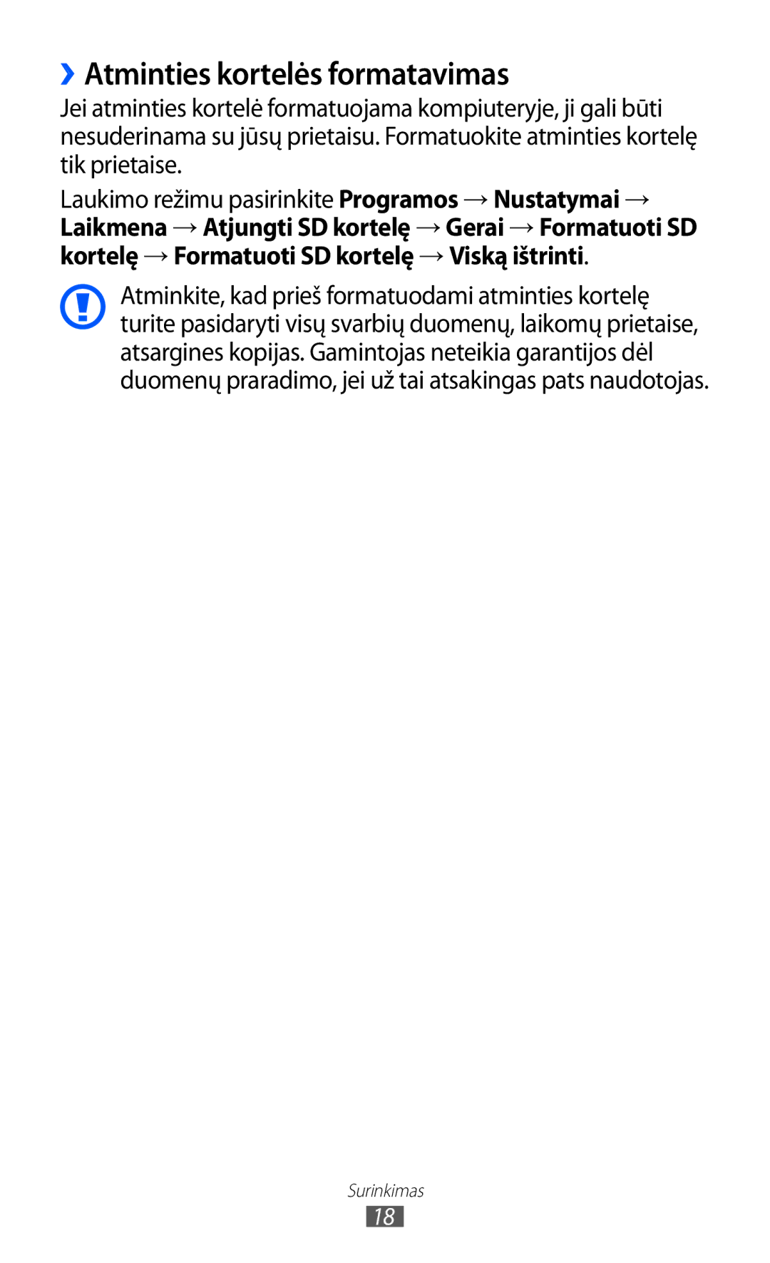 Samsung GT-I9070HKNSEB manual ››Atminties kortelės formatavimas 