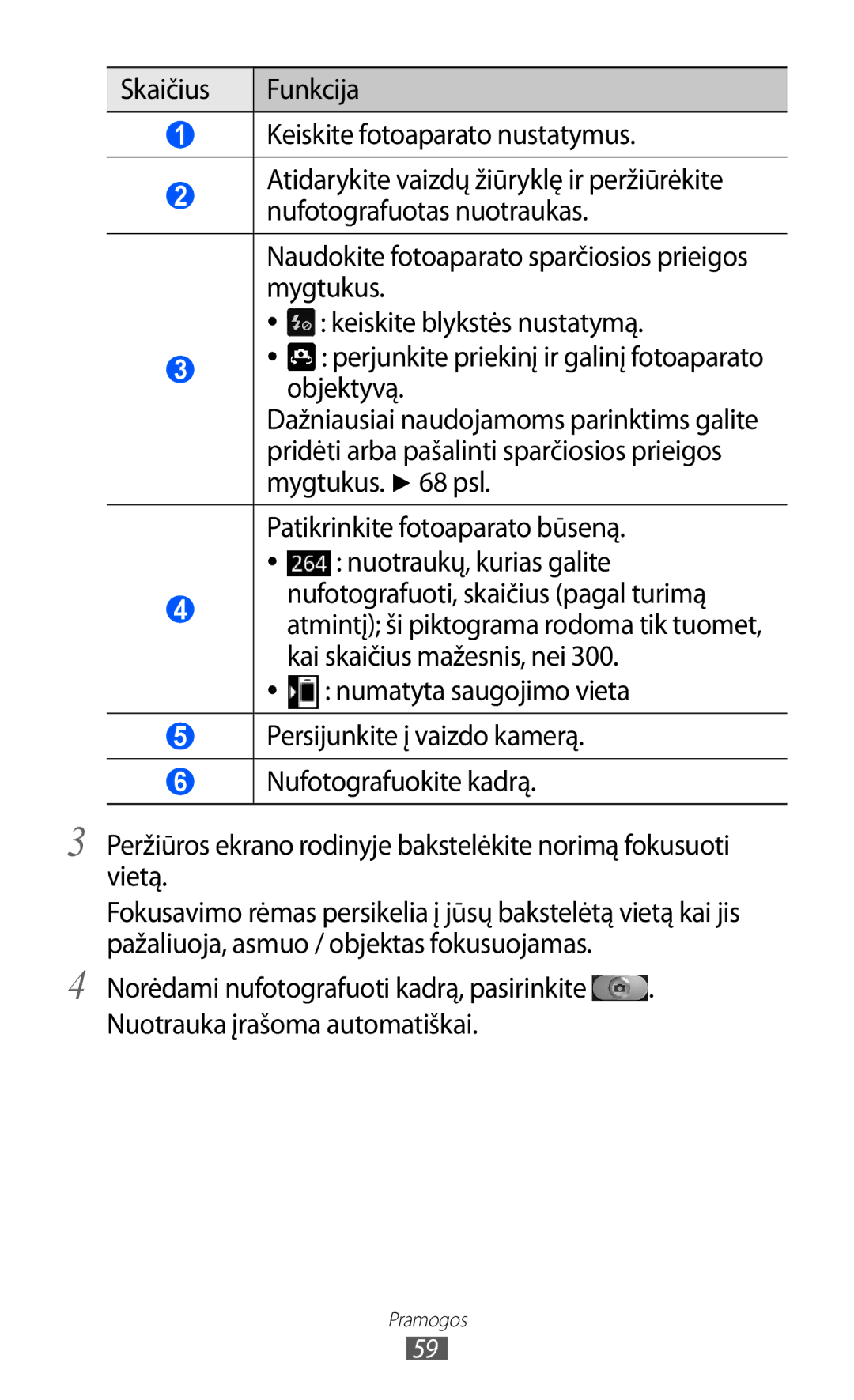 Samsung GT-I9070HKNSEB manual Skaičius Funkcija Keiskite fotoaparato nustatymus 