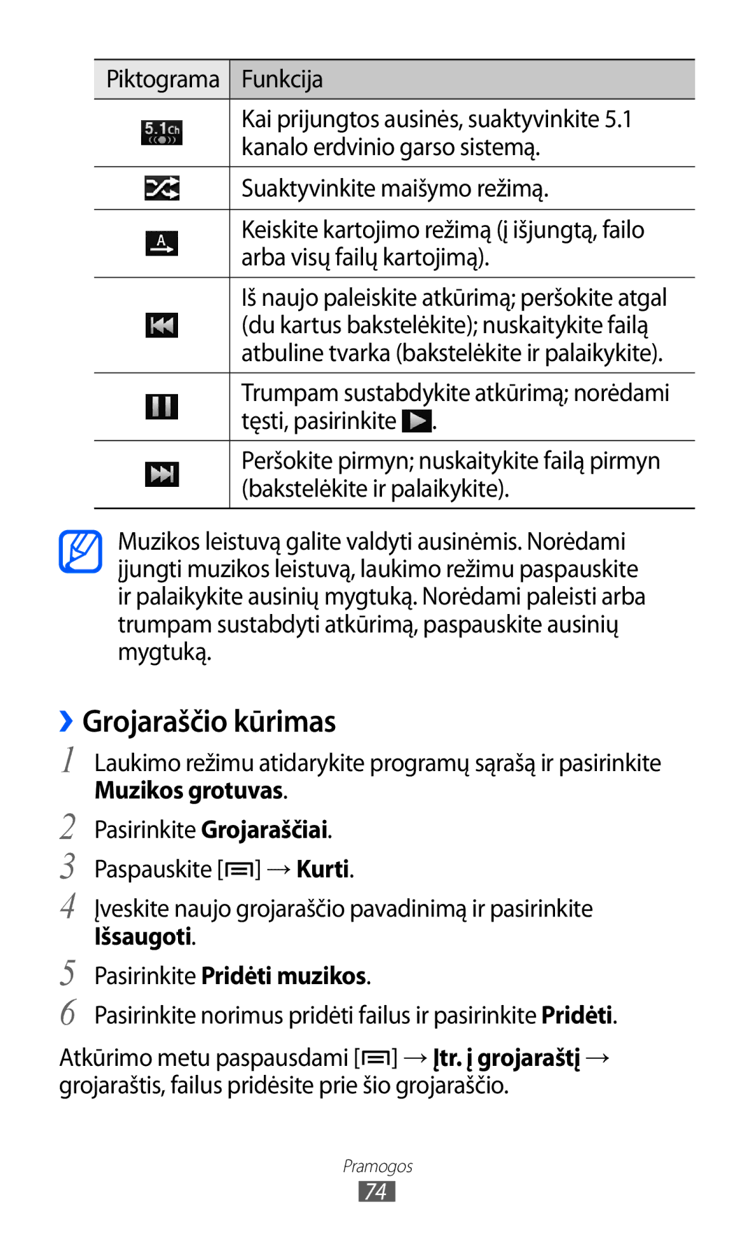 Samsung GT-I9070HKNSEB manual ››Grojaraščio kūrimas, Išsaugoti, Pasirinkite Pridėti muzikos 