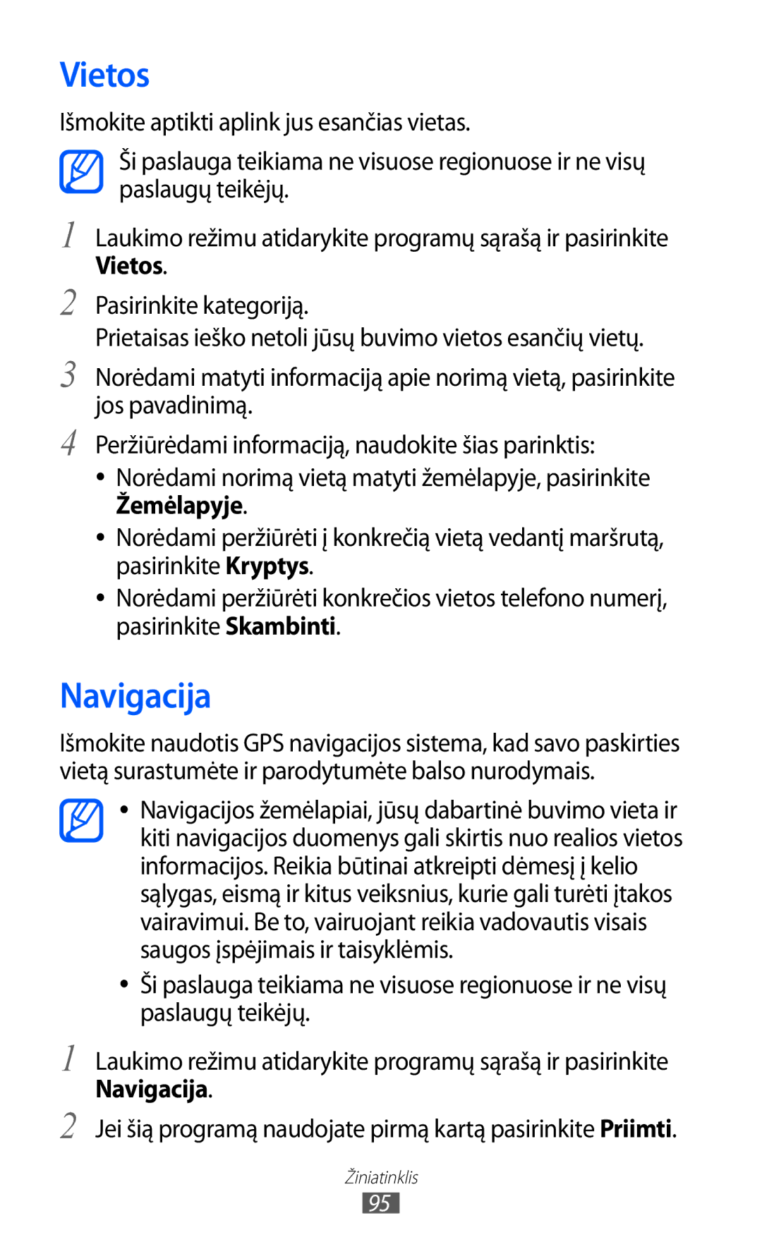 Samsung GT-I9070HKNSEB manual Vietos, Navigacija 