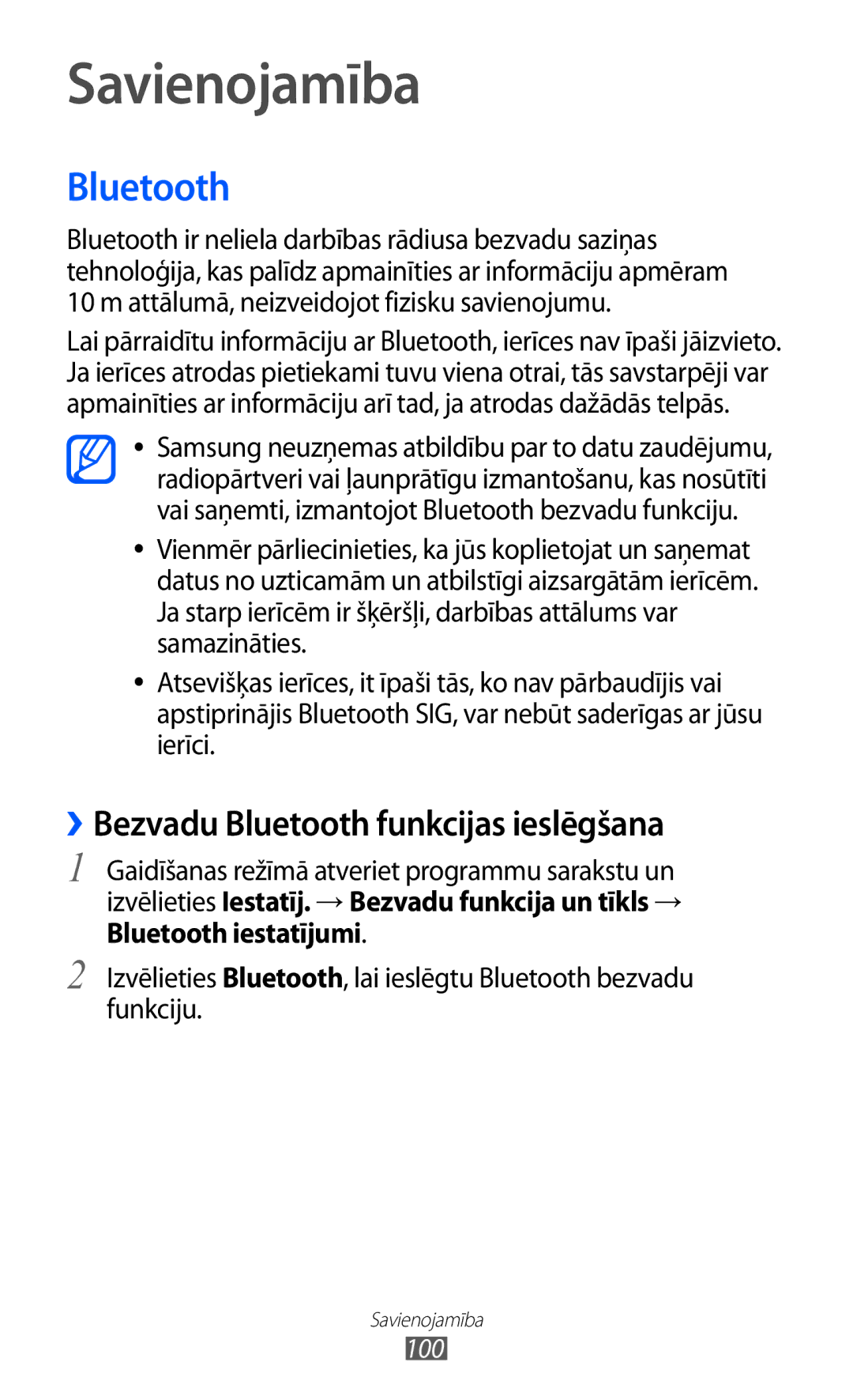 Samsung GT-I9070HKNSEB manual Savienojamība, ››Bezvadu Bluetooth funkcijas ieslēgšana 