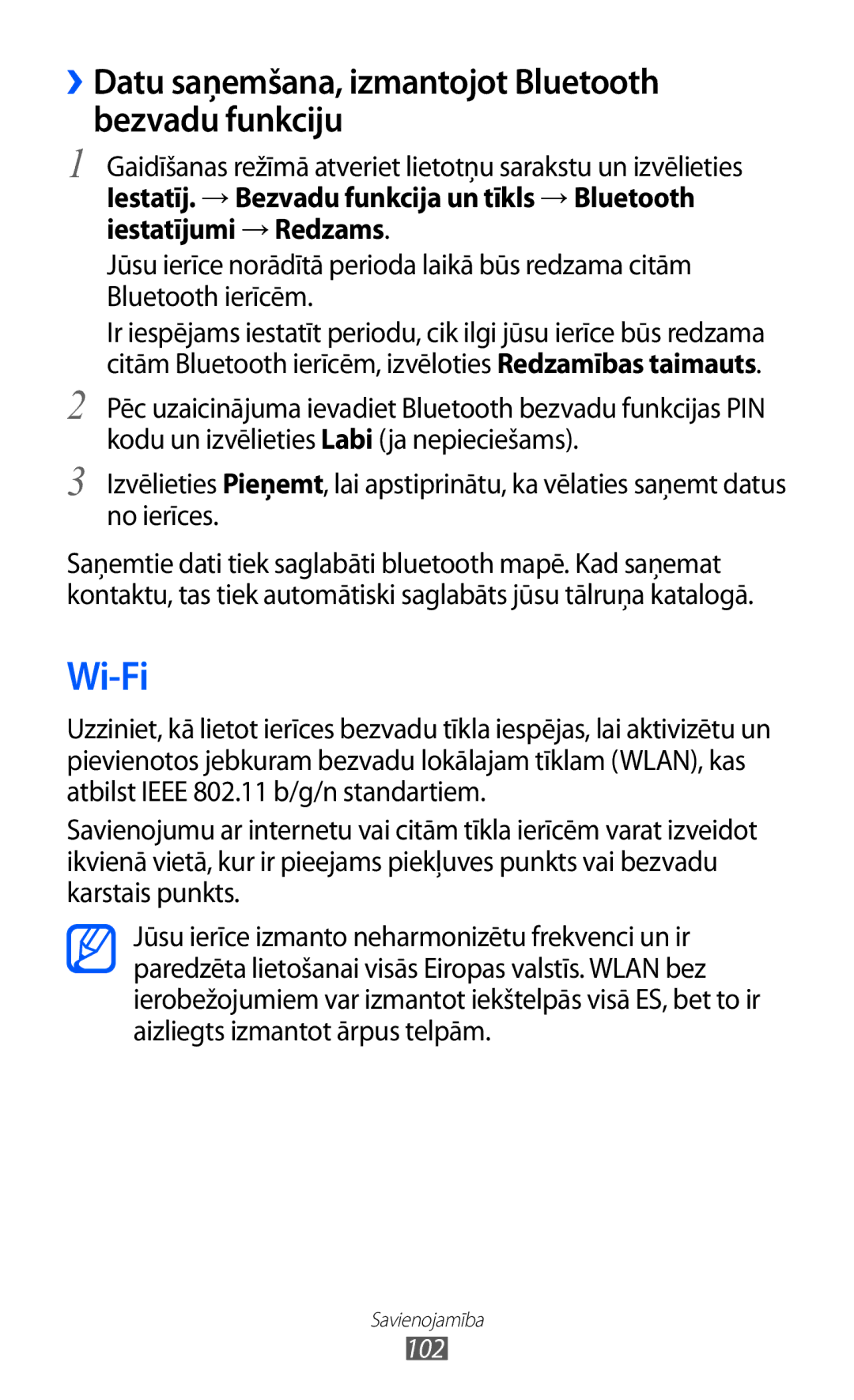 Samsung GT-I9070HKNSEB manual Wi-Fi, ››Datu saņemšana, izmantojot Bluetooth bezvadu funkciju 