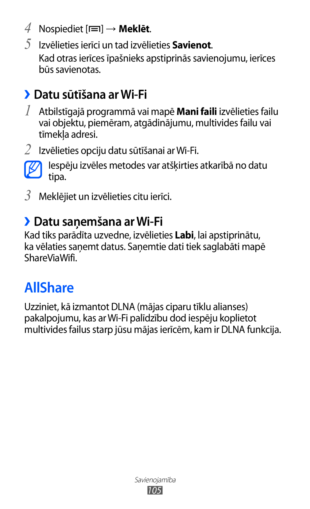 Samsung GT-I9070HKNSEB manual AllShare, ››Datu sūtīšana ar Wi-Fi, ››Datu saņemšana ar Wi-Fi 