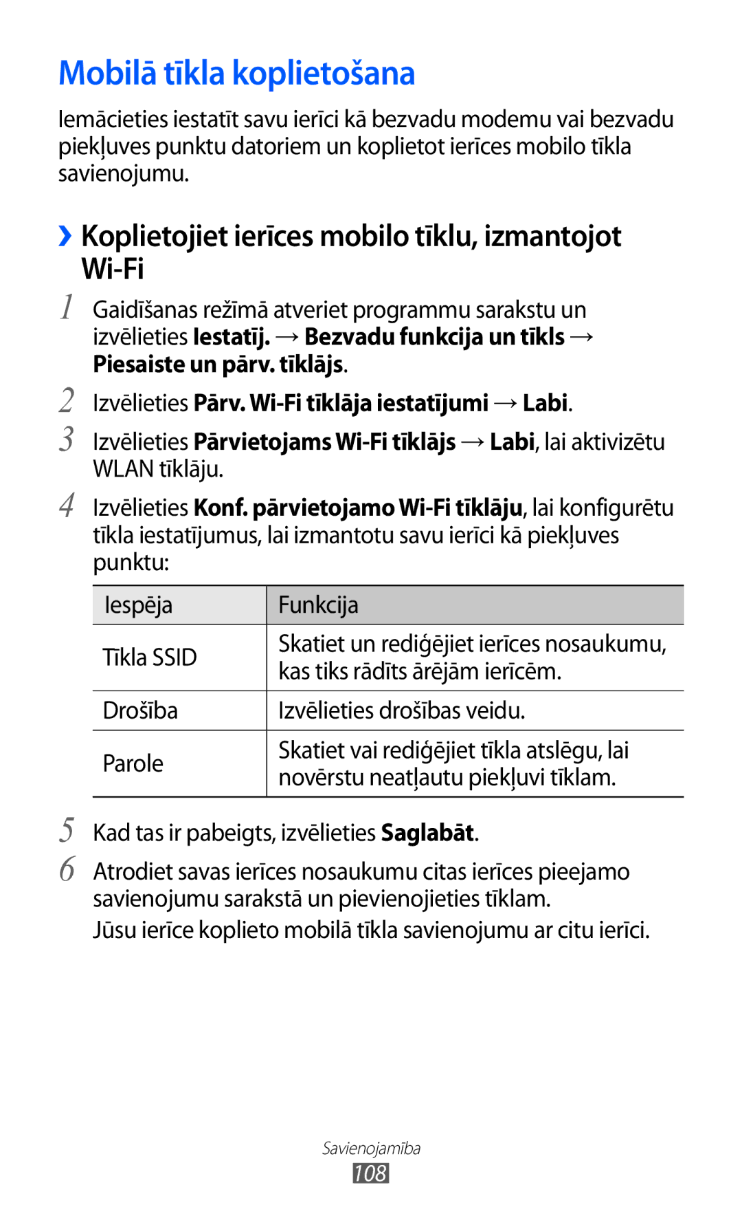 Samsung GT-I9070HKNSEB manual Mobilā tīkla koplietošana, ››Koplietojiet ierīces mobilo tīklu, izmantojot Wi-Fi 