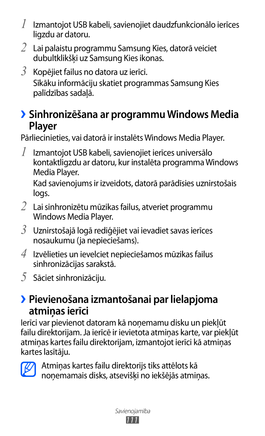 Samsung GT-I9070HKNSEB manual Player, ››Pievienošana izmantošanai par lielapjoma atmiņas ierīci 