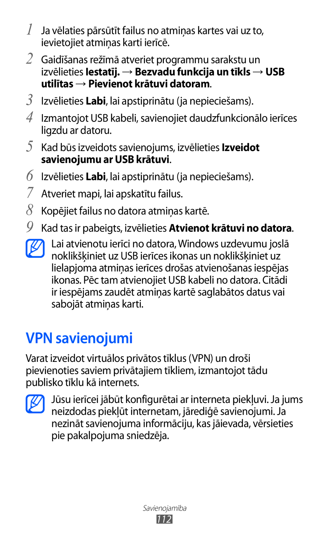 Samsung GT-I9070HKNSEB manual VPN savienojumi, Savienojumu ar USB krātuvi, Kopējiet failus no datora atmiņas kartē 