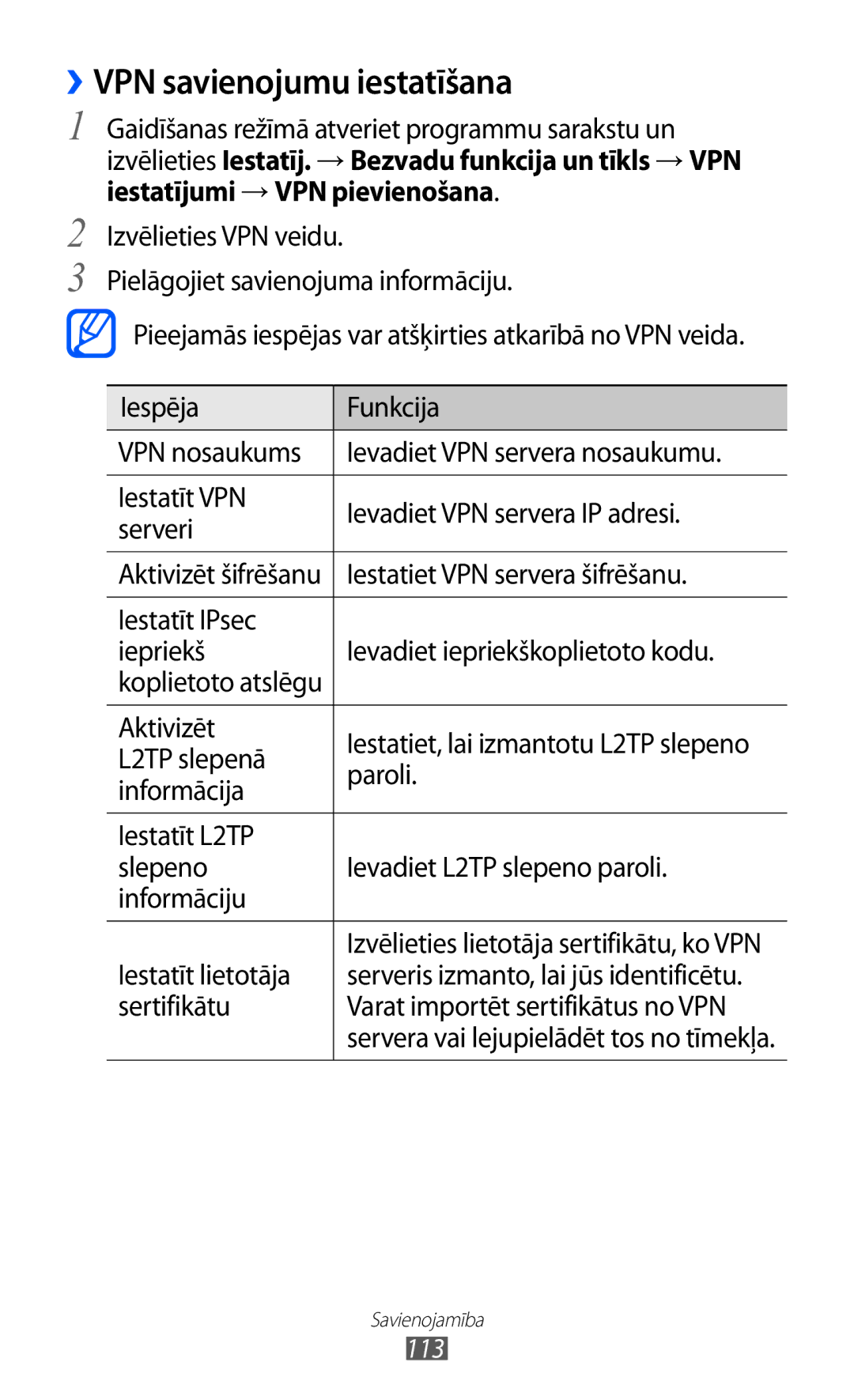 Samsung GT-I9070HKNSEB manual ››VPN savienojumu iestatīšana 