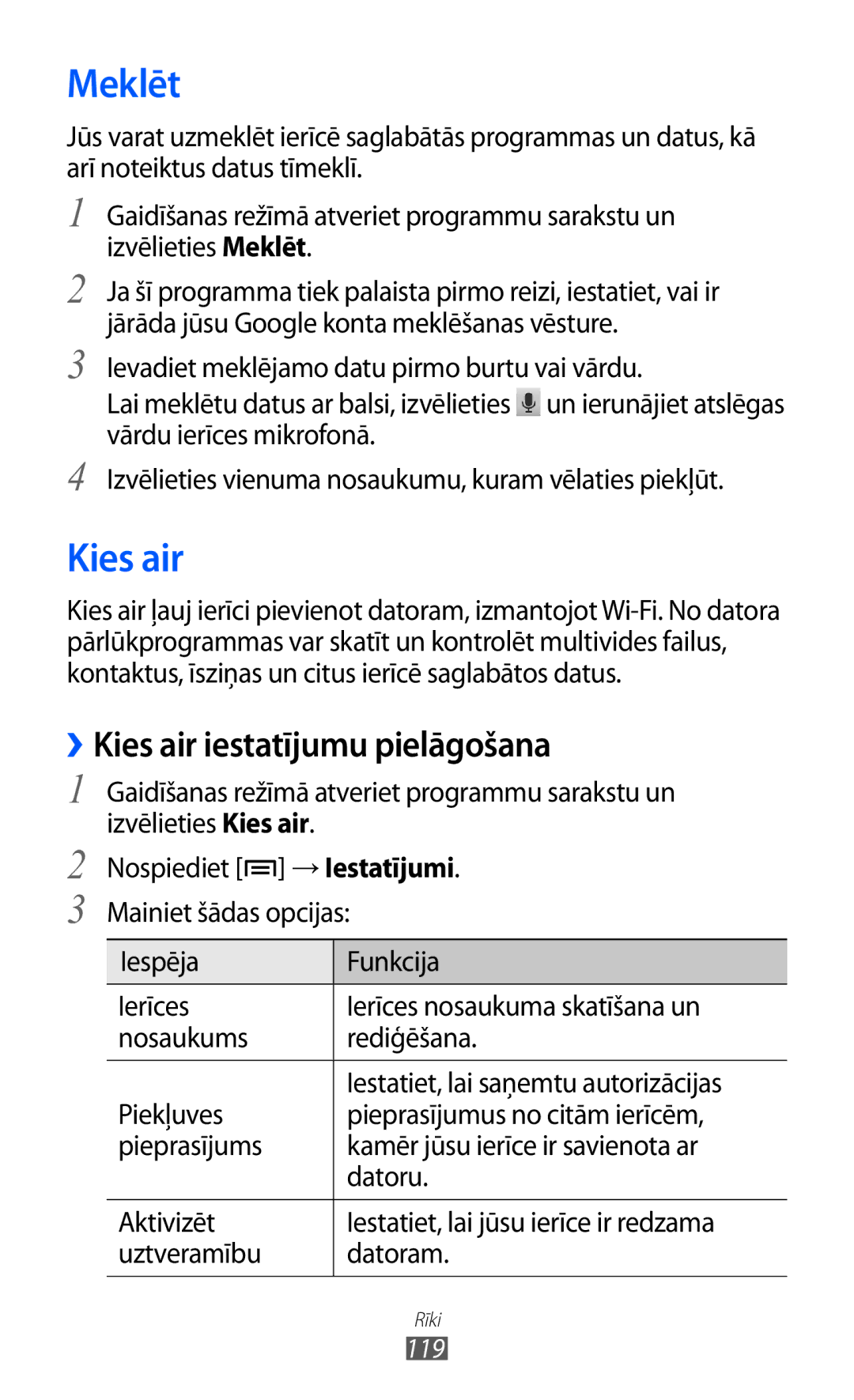 Samsung GT-I9070HKNSEB manual Meklēt, ››Kies air iestatījumu pielāgošana 