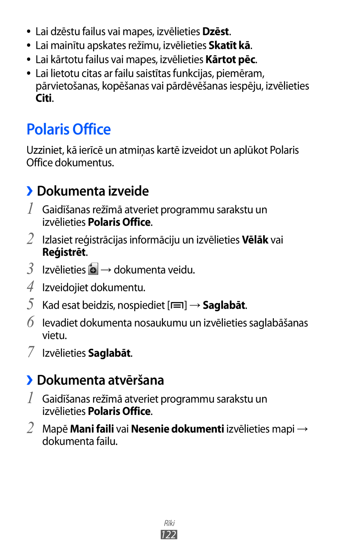 Samsung GT-I9070HKNSEB manual Polaris Office, ››Dokumenta izveide, ››Dokumenta atvēršana, Reģistrēt 