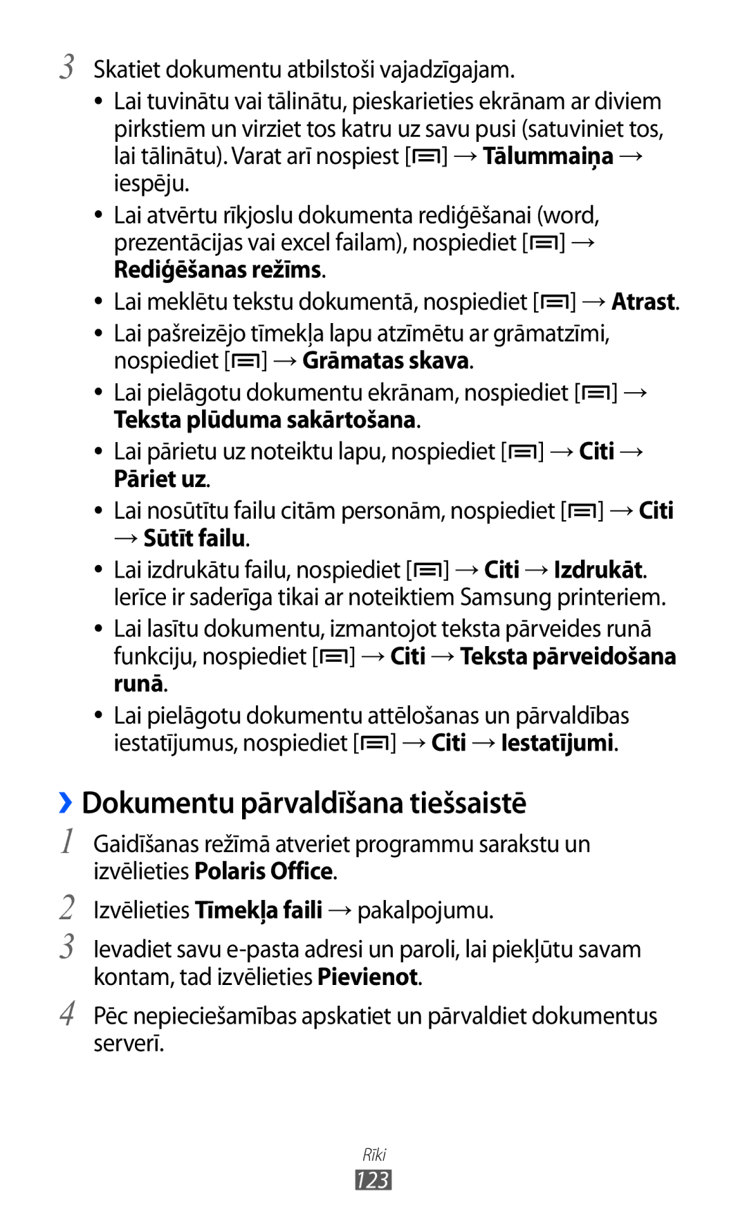 Samsung GT-I9070HKNSEB ››Dokumentu pārvaldīšana tiešsaistē, Lai pielāgotu dokumentu ekrānam, nospiediet →, → Sūtīt failu 