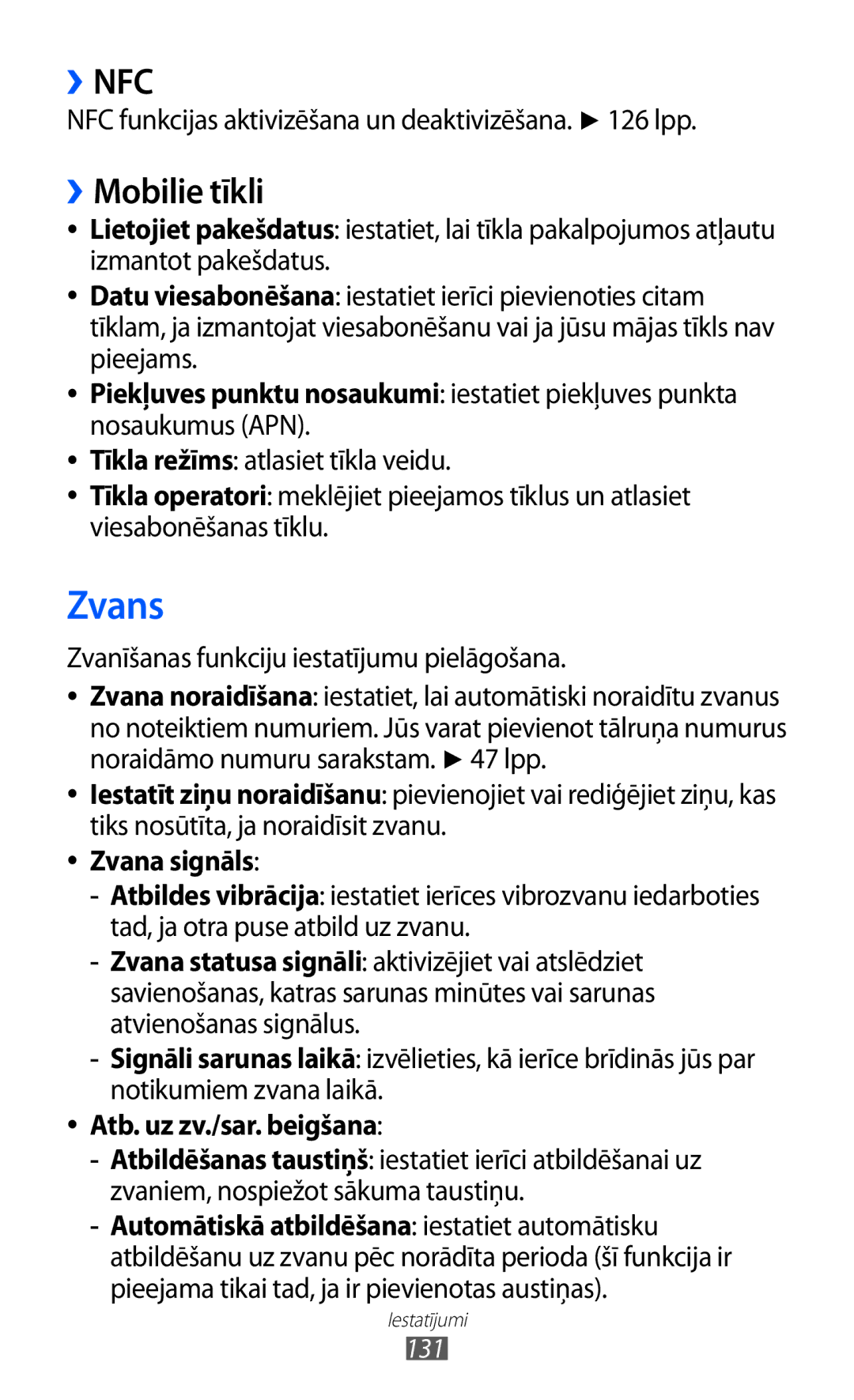 Samsung GT-I9070HKNSEB manual Zvans, ››Mobilie tīkli, Zvana signāls, Atb. uz zv./sar. beigšana 