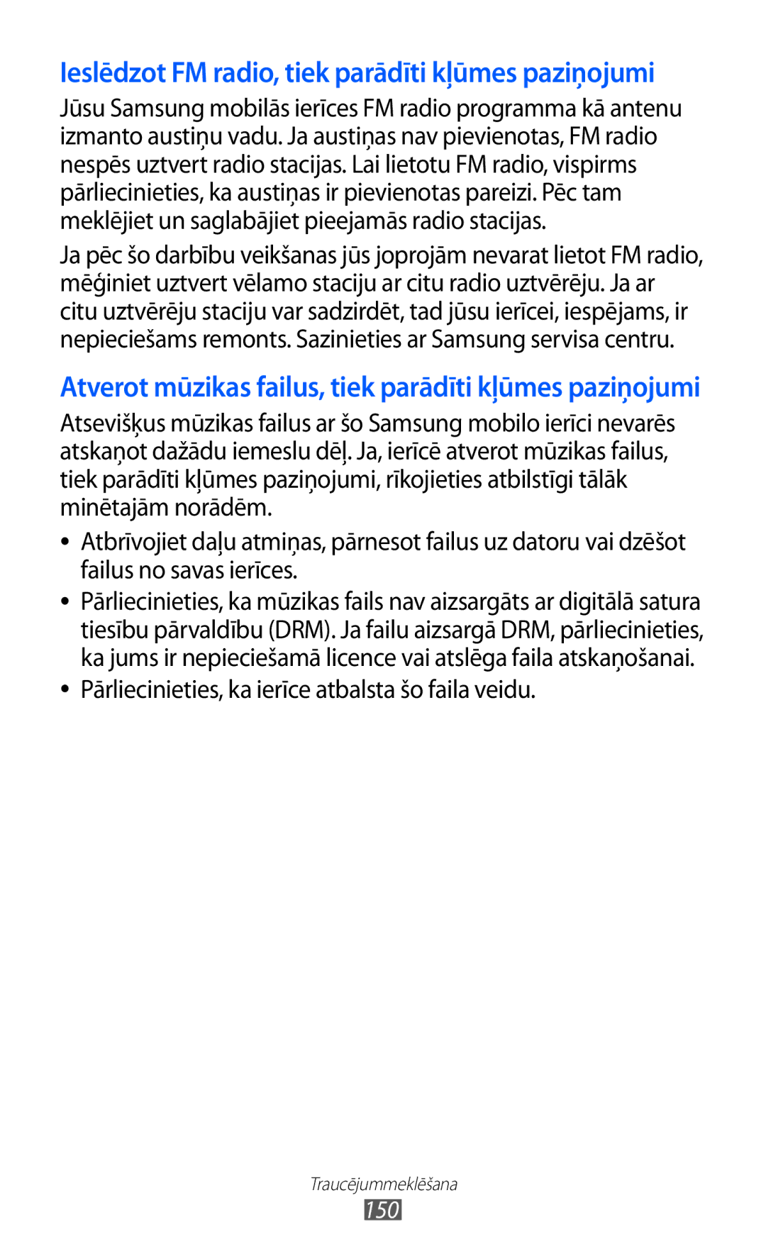 Samsung GT-I9070HKNSEB manual Ieslēdzot FM radio, tiek parādīti kļūmes paziņojumi 