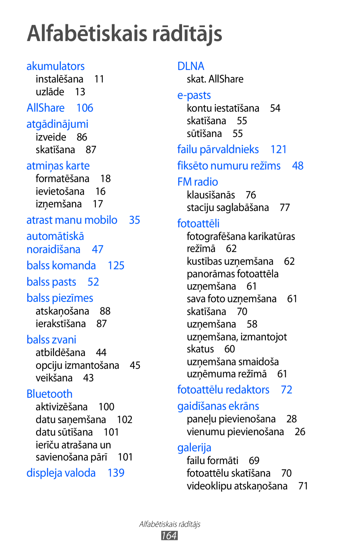 Samsung GT-I9070HKNSEB manual Alfabētiskais rādītājs, Balss komanda 125 balss pasts 52 balss piezīmes 