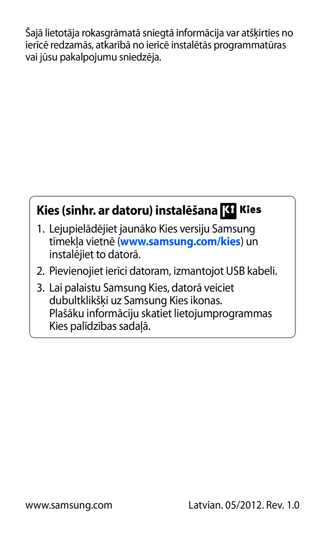 Samsung GT-I9070HKNSEB manual Kies sinhr. ar datoru instalēšana 