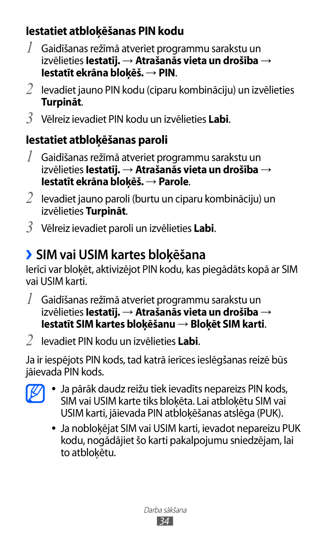 Samsung GT-I9070HKNSEB manual ››SIM vai Usim kartes bloķēšana, Iestatiet atbloķēšanas PIN kodu 