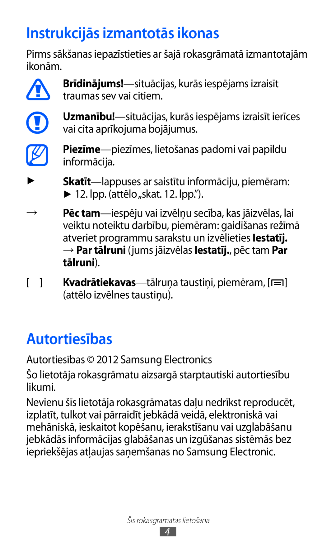 Samsung GT-I9070HKNSEB manual Instrukcijās izmantotās ikonas, Autortiesības, Attēlo izvēlnes taustiņu 