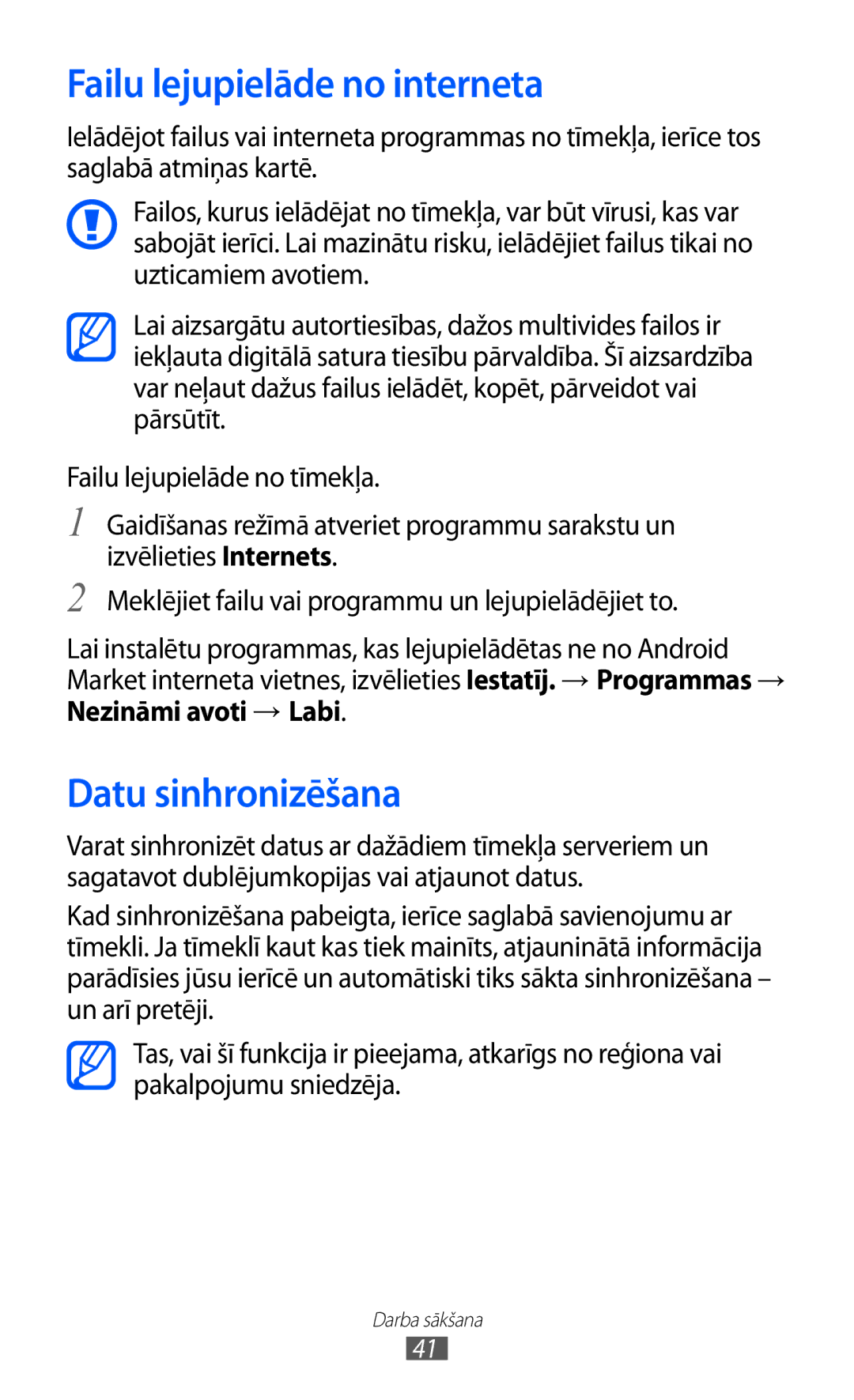 Samsung GT-I9070HKNSEB manual Failu lejupielāde no interneta, Datu sinhronizēšana, Nezināmi avoti → Labi 