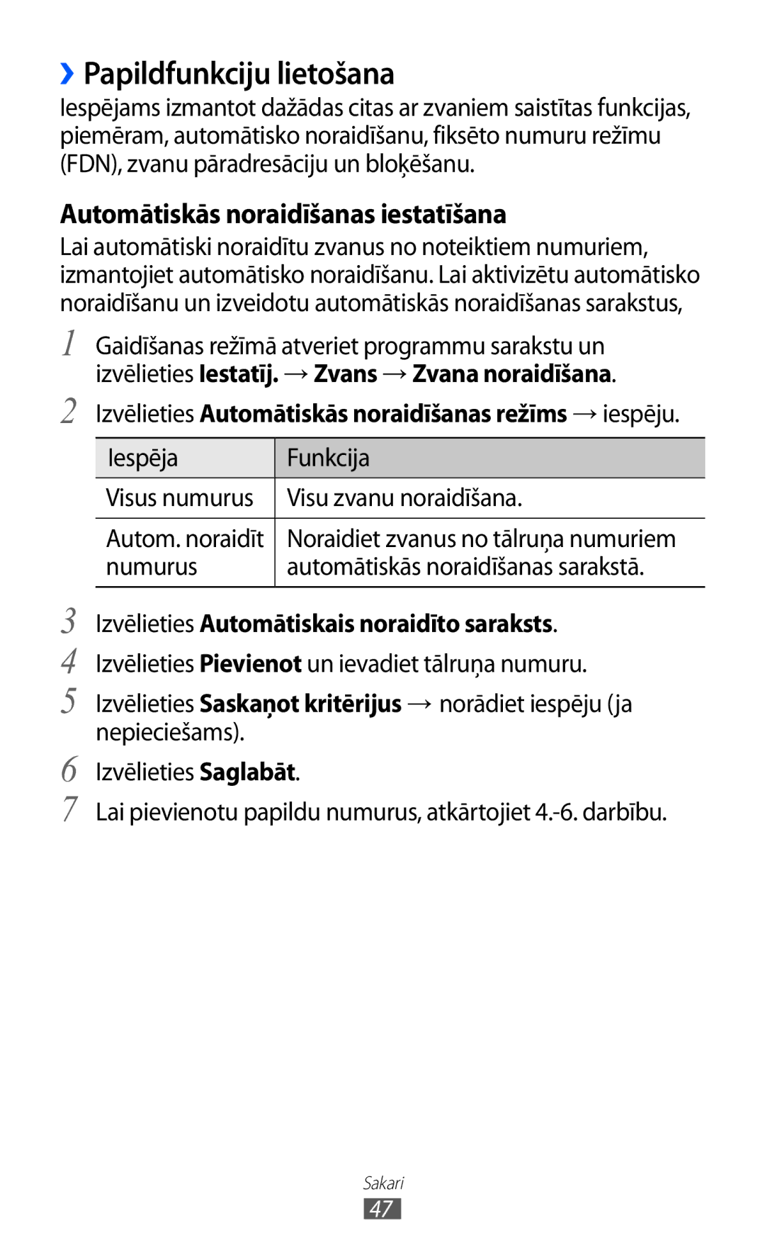 Samsung GT-I9070HKNSEB manual ››Papildfunkciju lietošana, Iespēja Funkcija, Visu zvanu noraidīšana 