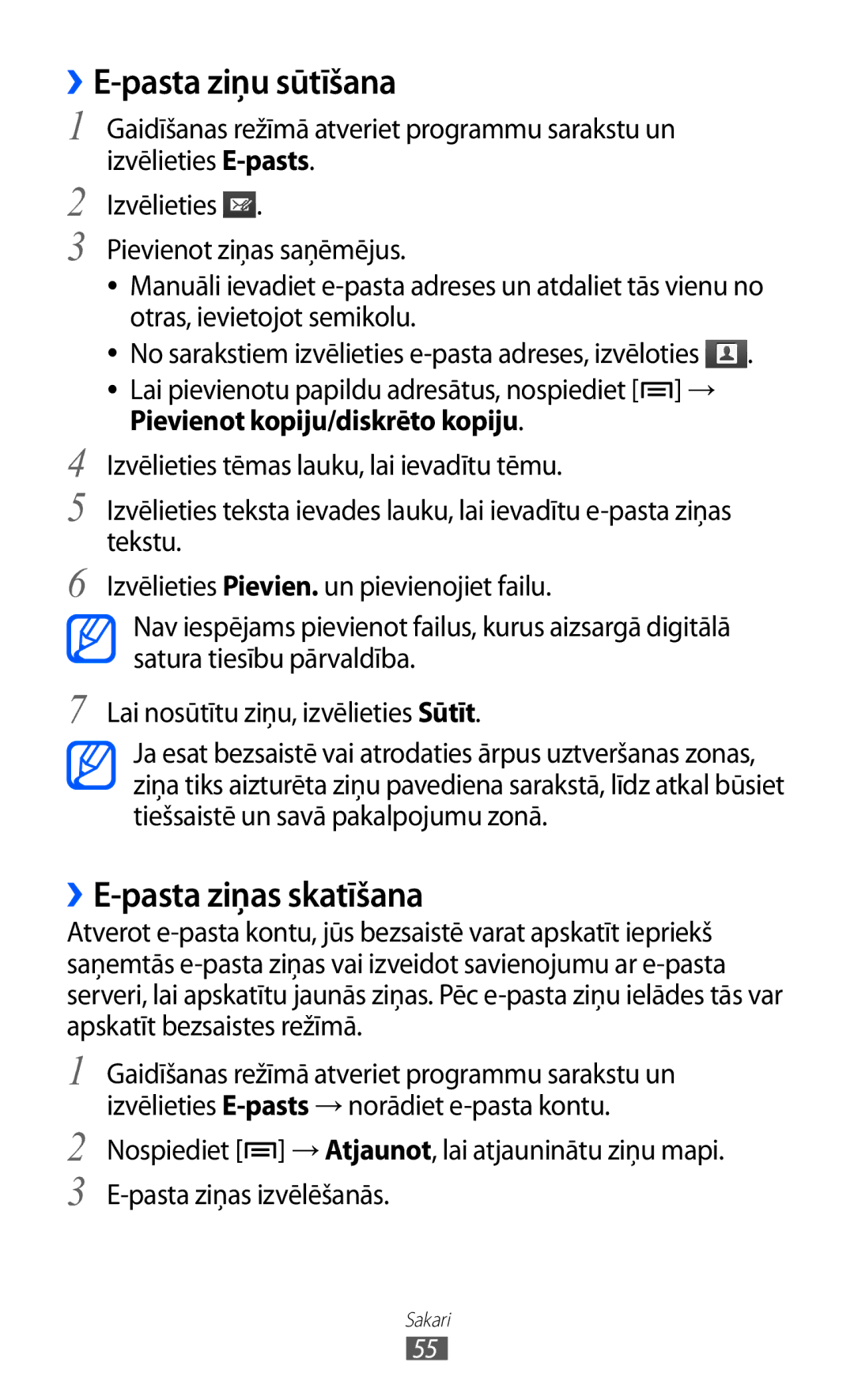 Samsung GT-I9070HKNSEB manual ››E-pasta ziņu sūtīšana, ››E-pasta ziņas skatīšana 