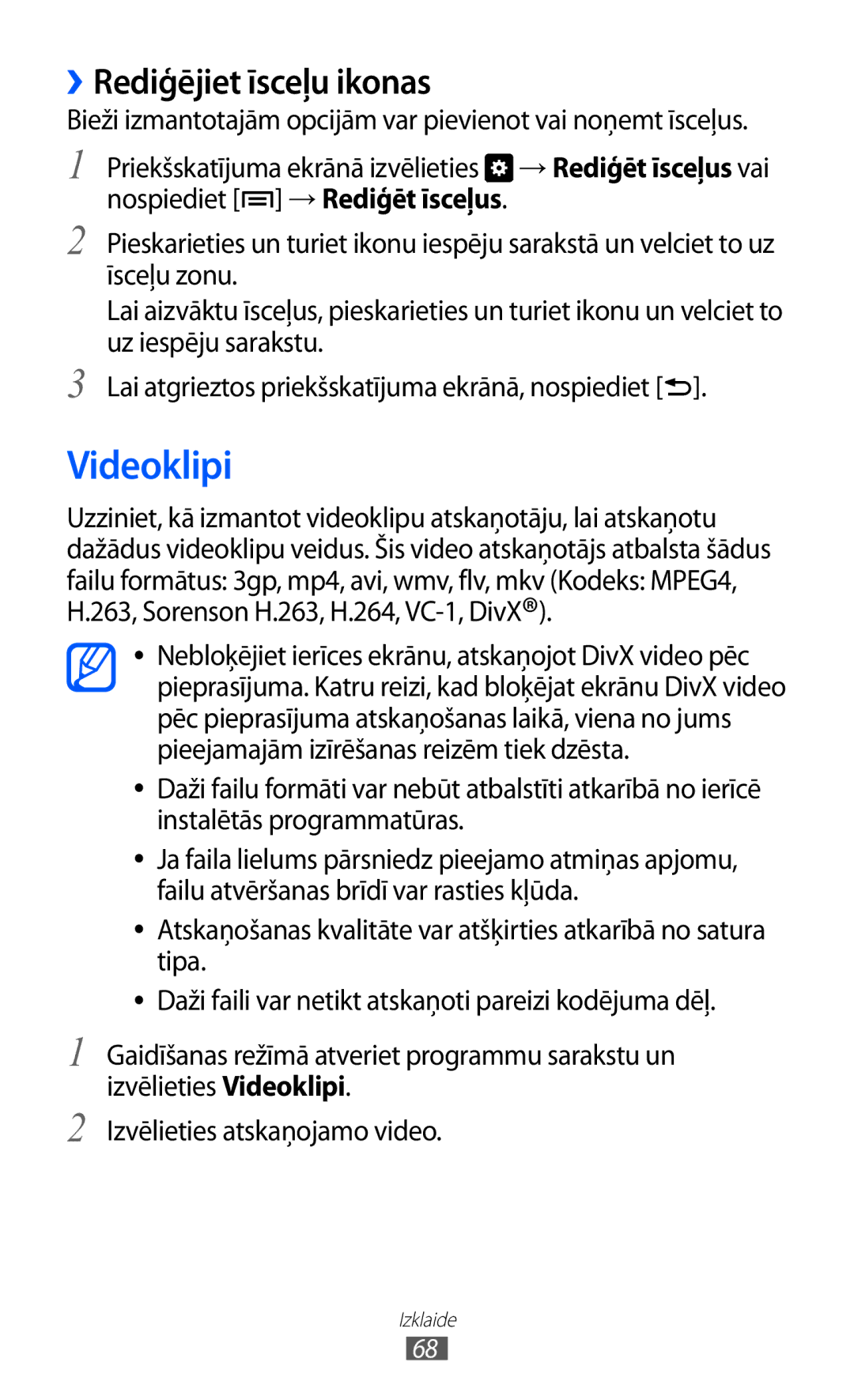 Samsung GT-I9070HKNSEB manual Videoklipi, ››Rediģējiet īsceļu ikonas 