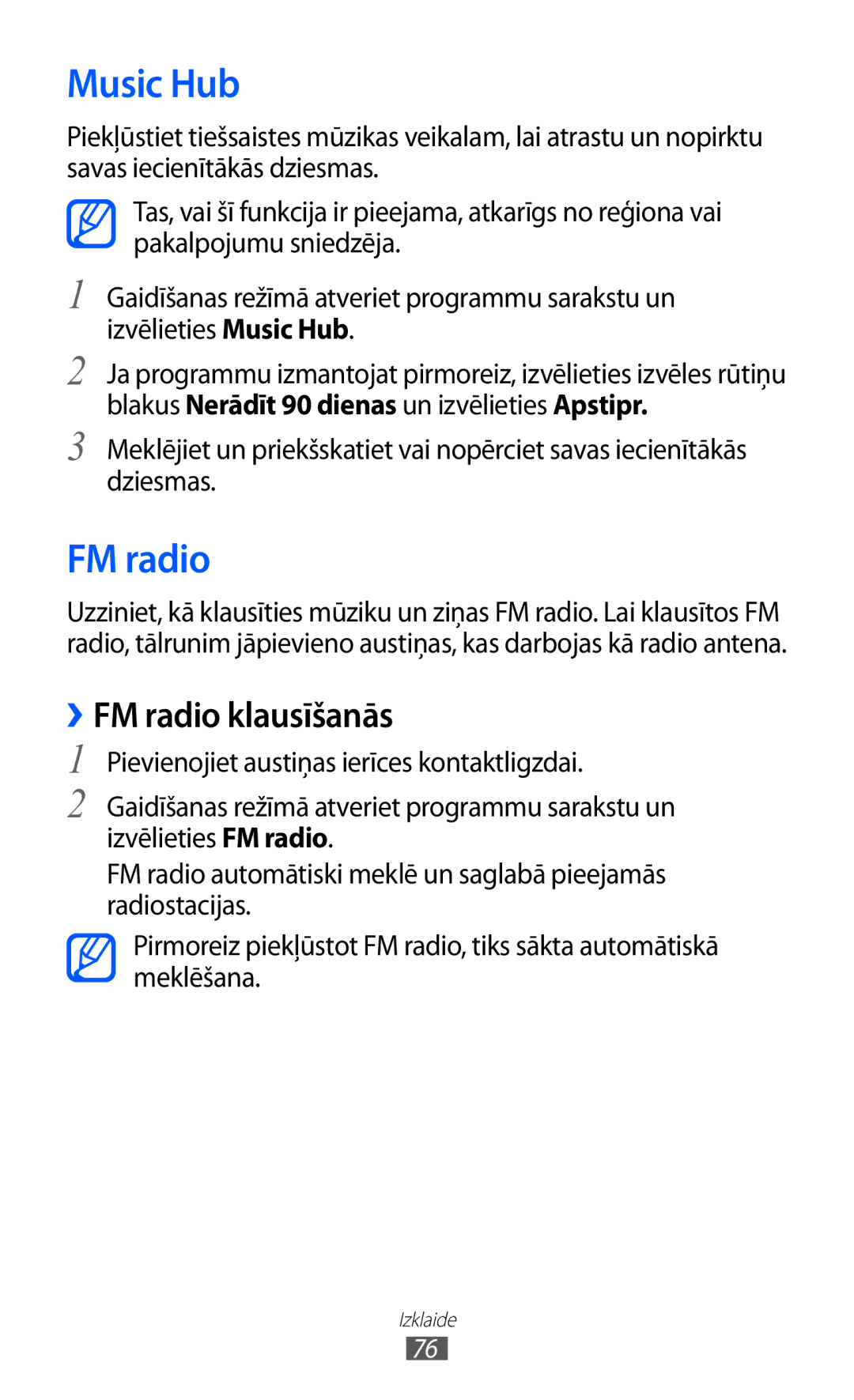 Samsung GT-I9070HKNSEB manual Music Hub, ››FM radio klausīšanās 