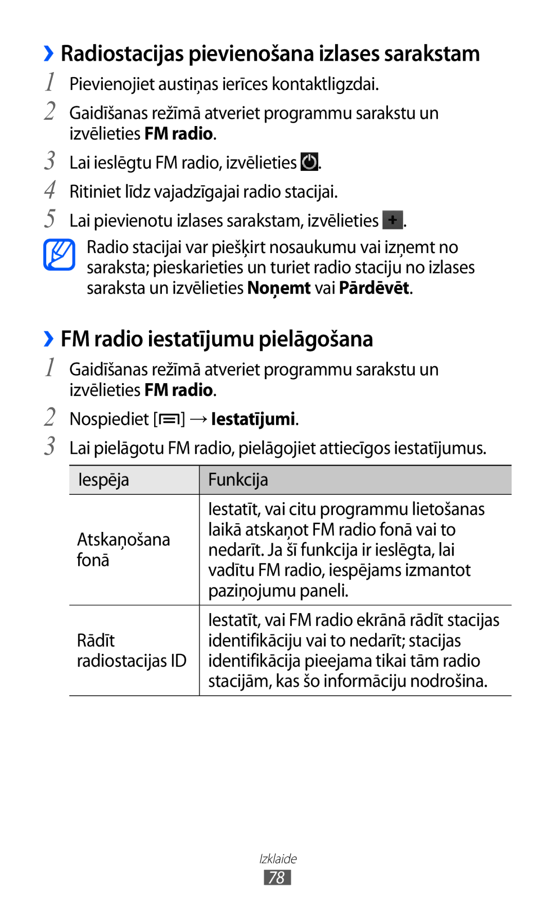 Samsung GT-I9070HKNSEB manual ››FM radio iestatījumu pielāgošana, Lai pievienotu izlases sarakstam, izvēlieties 