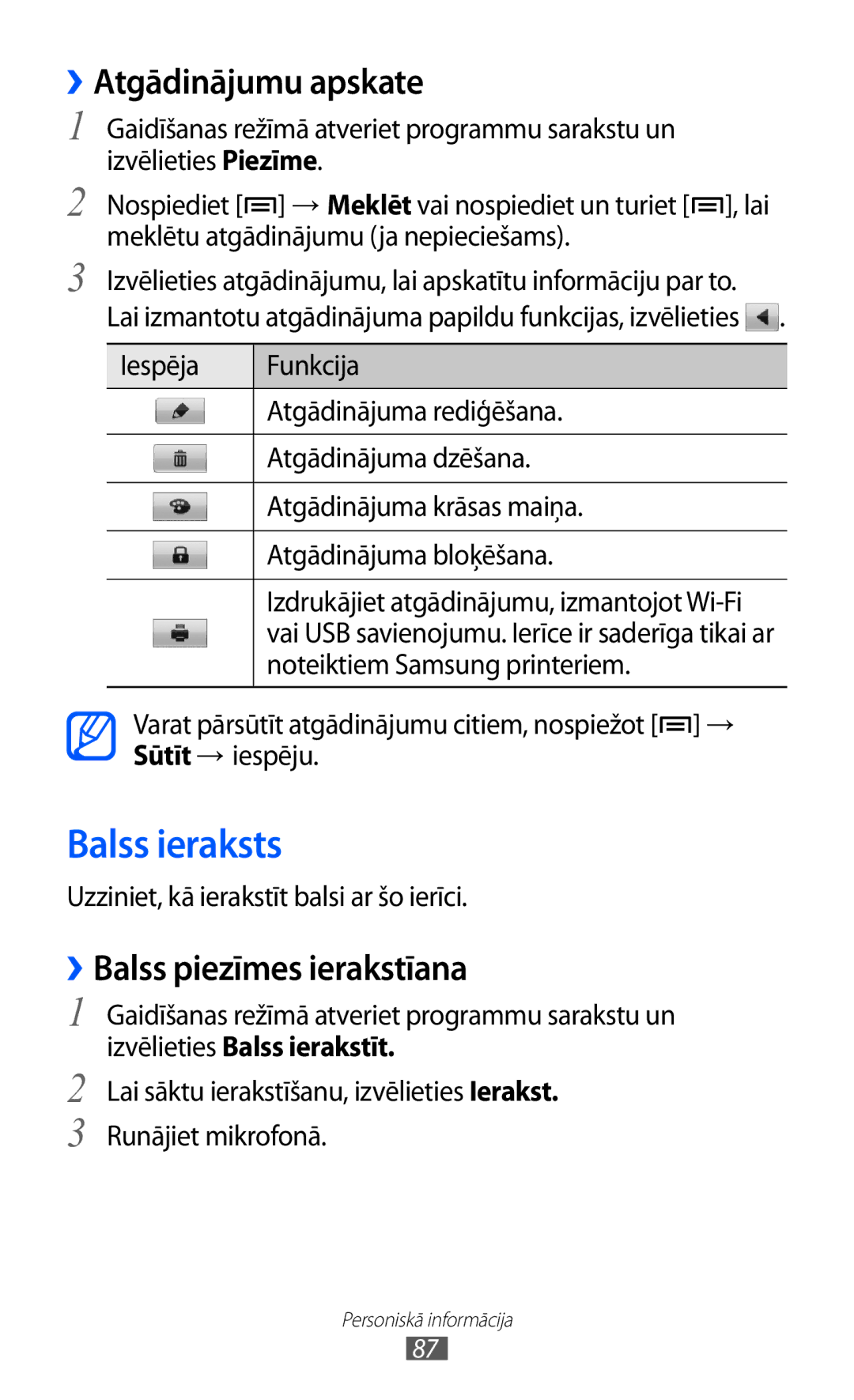 Samsung GT-I9070HKNSEB Balss ieraksts, ››Atgādinājumu apskate, ››Balss piezīmes ierakstīana, Izvēlieties Balss ierakstīt 