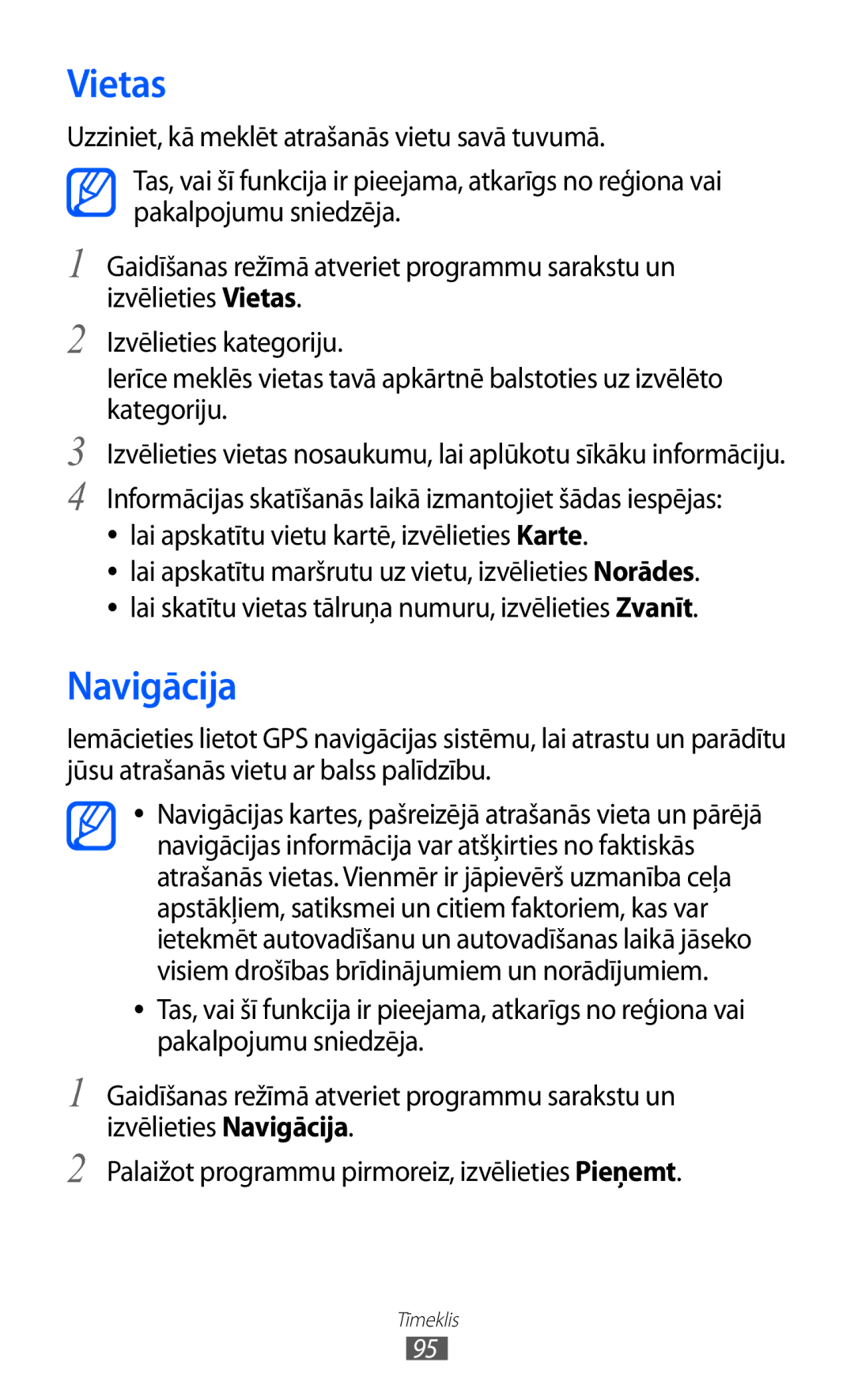 Samsung GT-I9070HKNSEB manual Vietas, Navigācija 